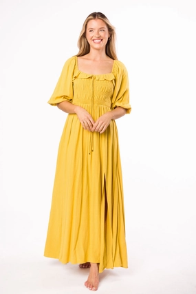 Sleeveless Balanced Texture Devon Smocked Maxi Dress in Mustard - Bump Friendly *Final-Sale*