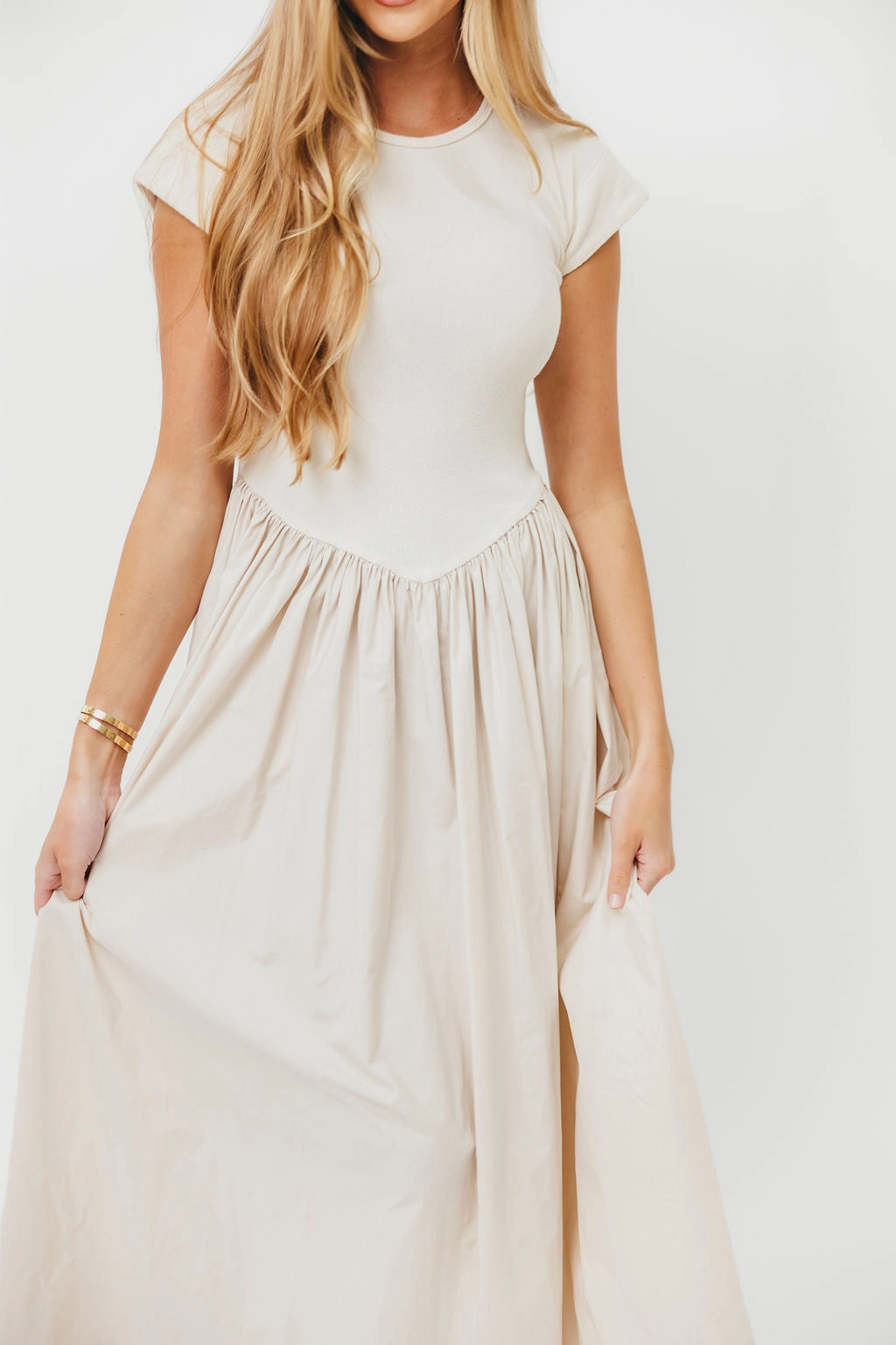 Silky Shine Dolores Rib and Woven Skirt Combo Dress in Cream