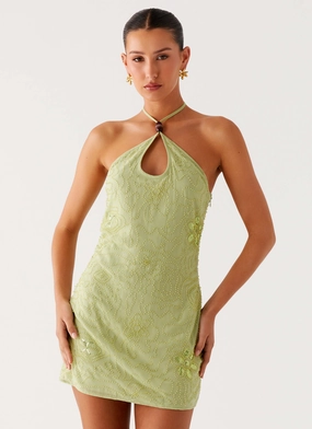 Kiara Beaded Mini Dress - Mint Crisp Silhouette