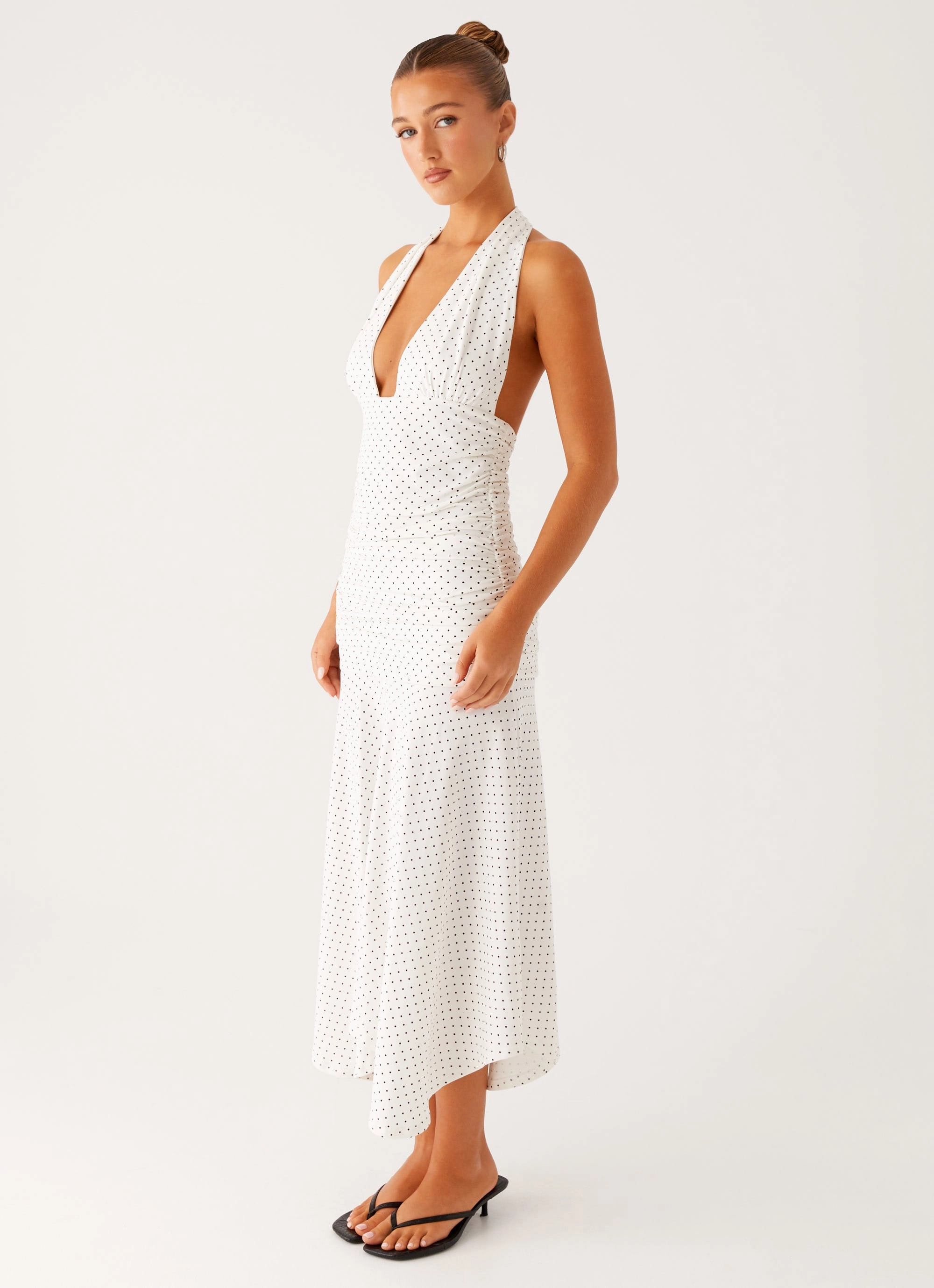 Grettana Halter Neck Midi Dress - White Polka Dot Floor-Length