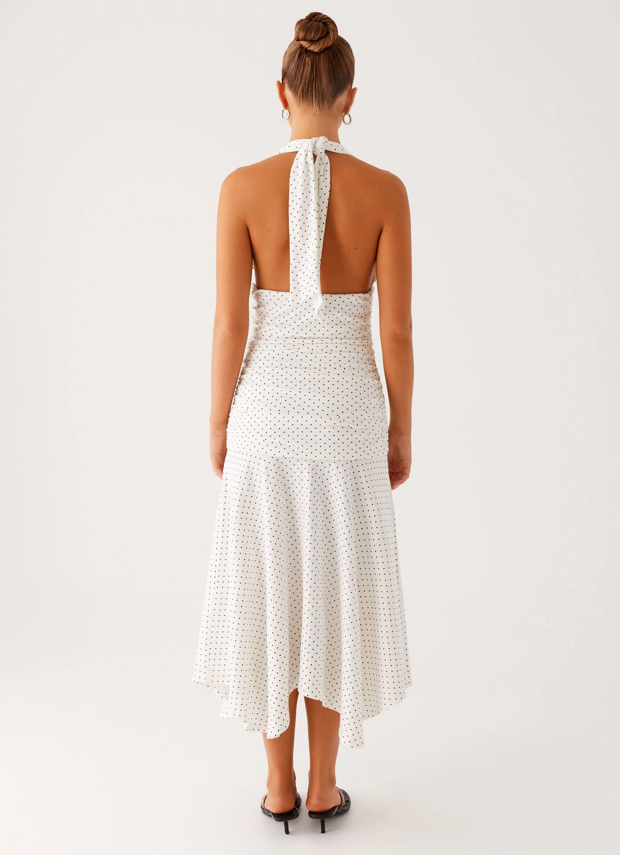 Grettana Halter Neck Midi Dress - White Polka Dot Drawstring-Closure
