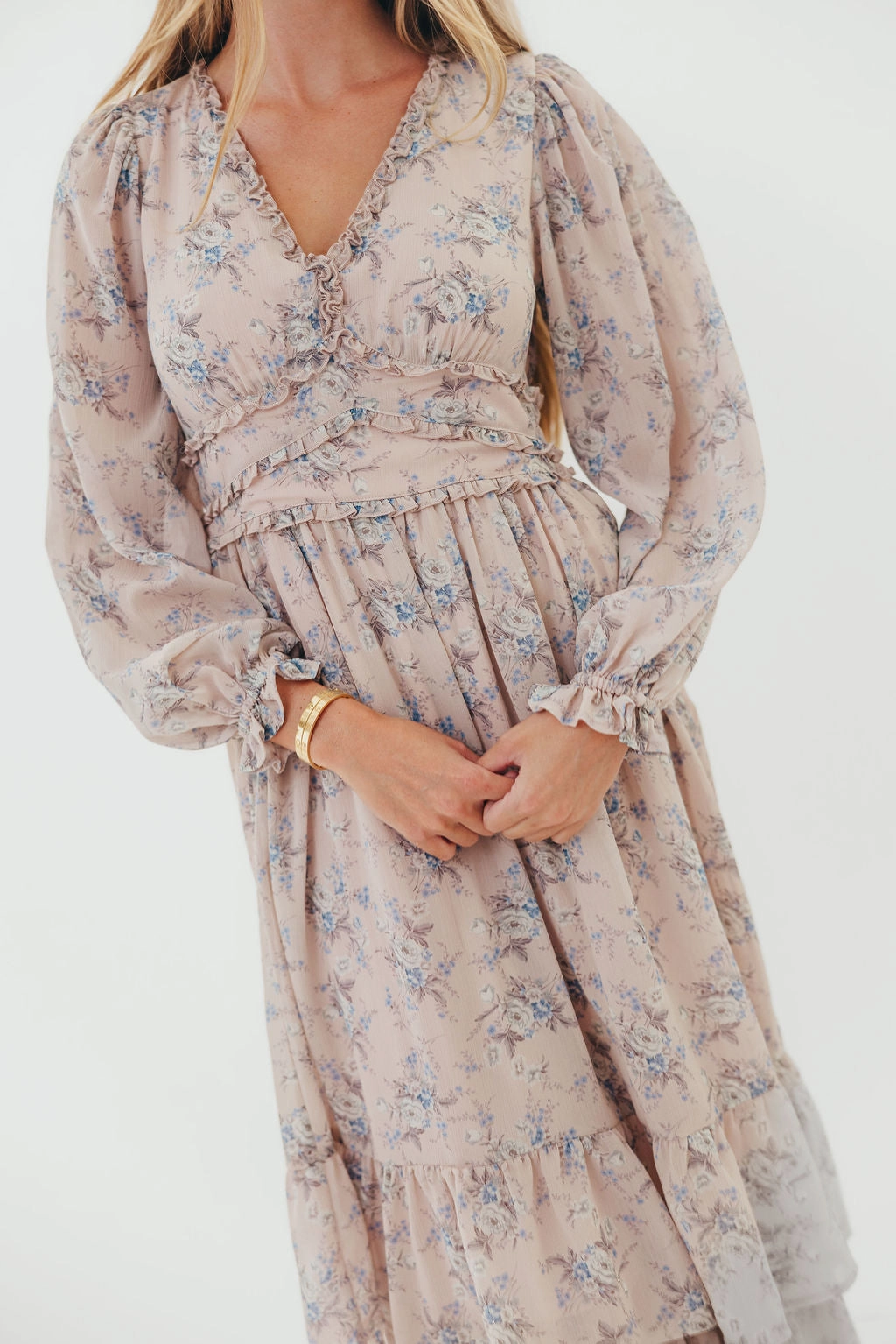 Shenae Ruffled Tiered Floral Maxi Dress in Dusty Pink Wide Hemline