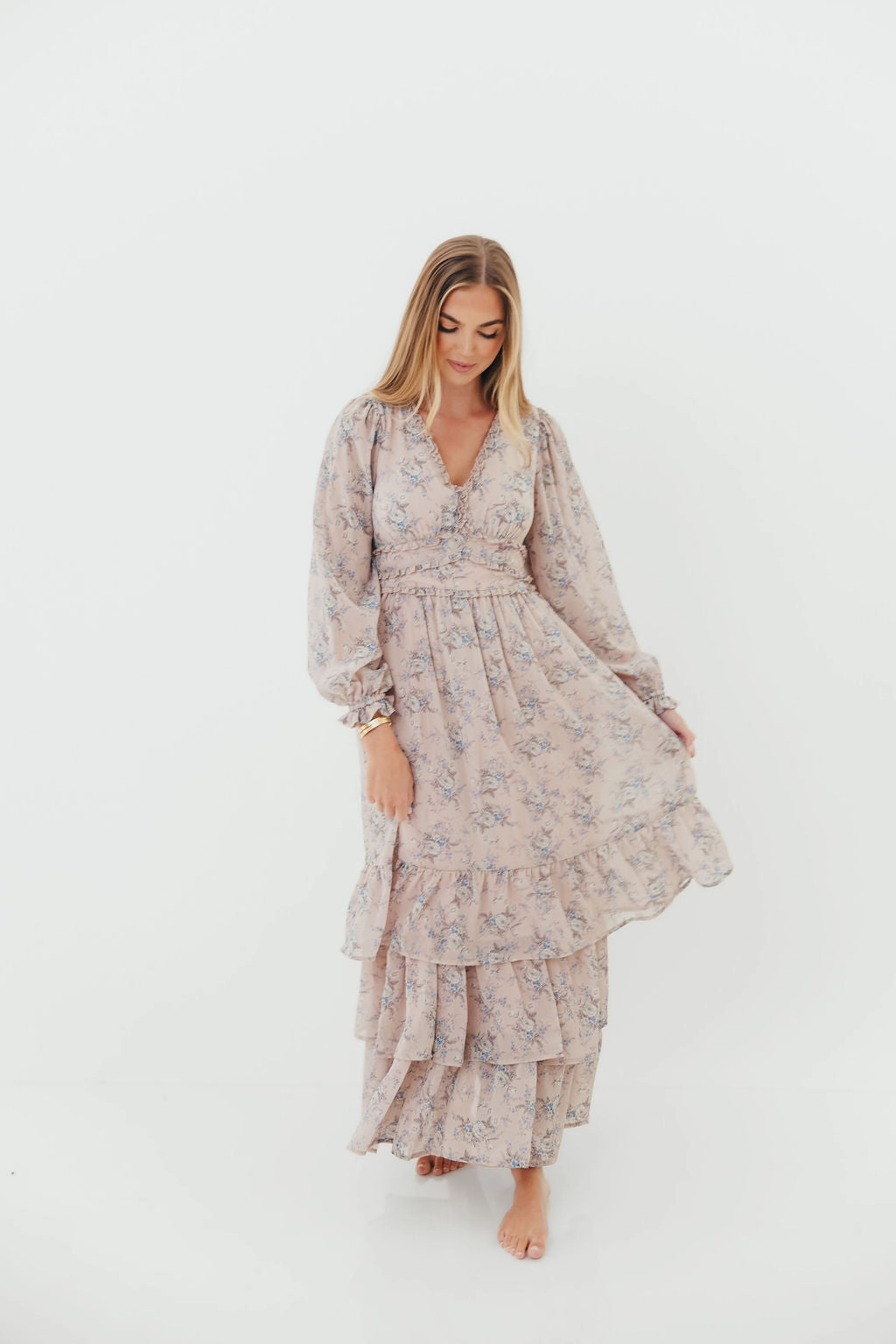 Shenae Ruffled Tiered Floral Maxi Dress in Dusty Pink Polished Look Effortless Touch