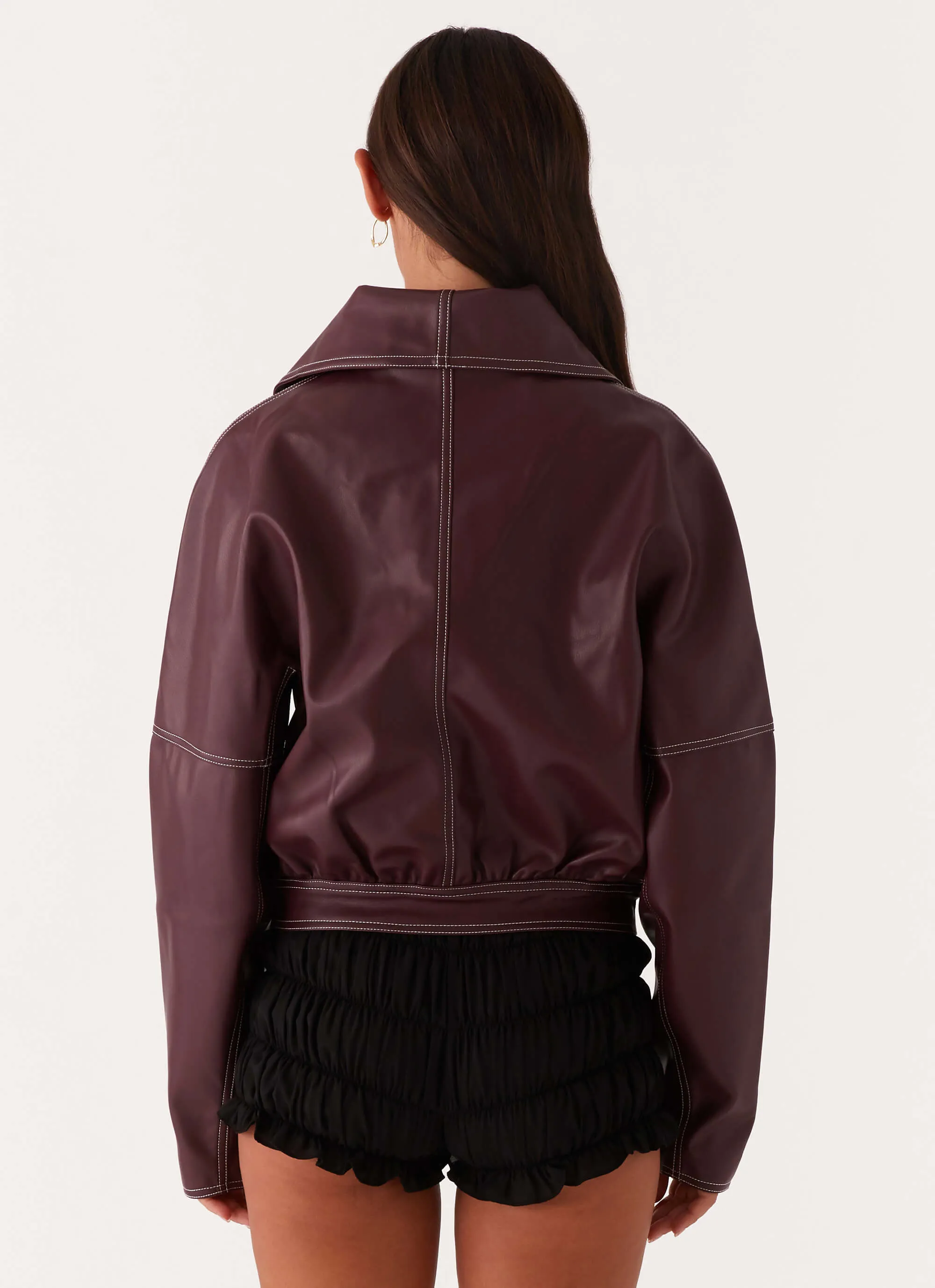 Option Ventilated Back Panel Meant To Be PU Boxy Jacket - Wine