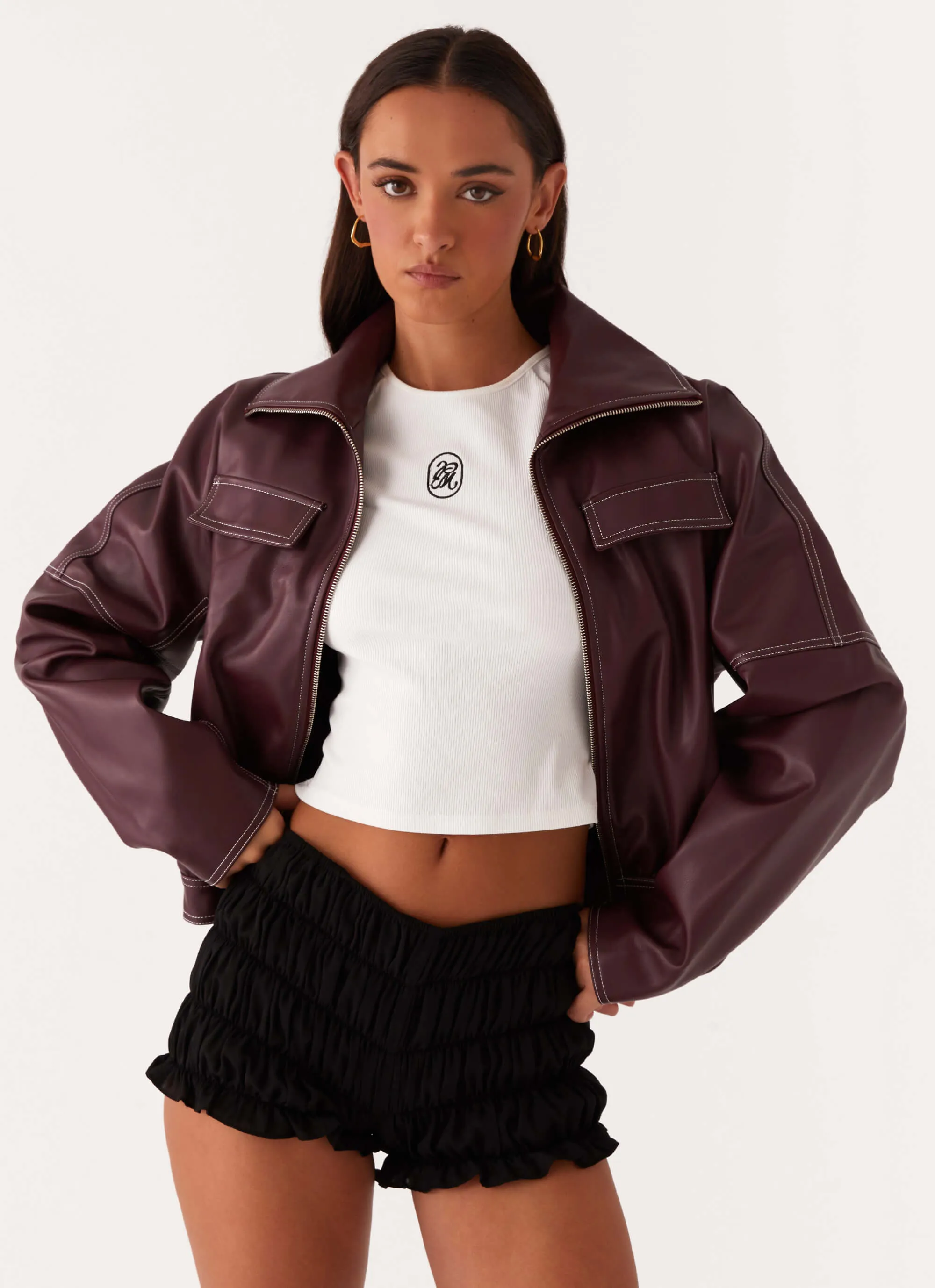 Light Reflective Logos Confidence booster Meant To Be PU Boxy Jacket - Wine