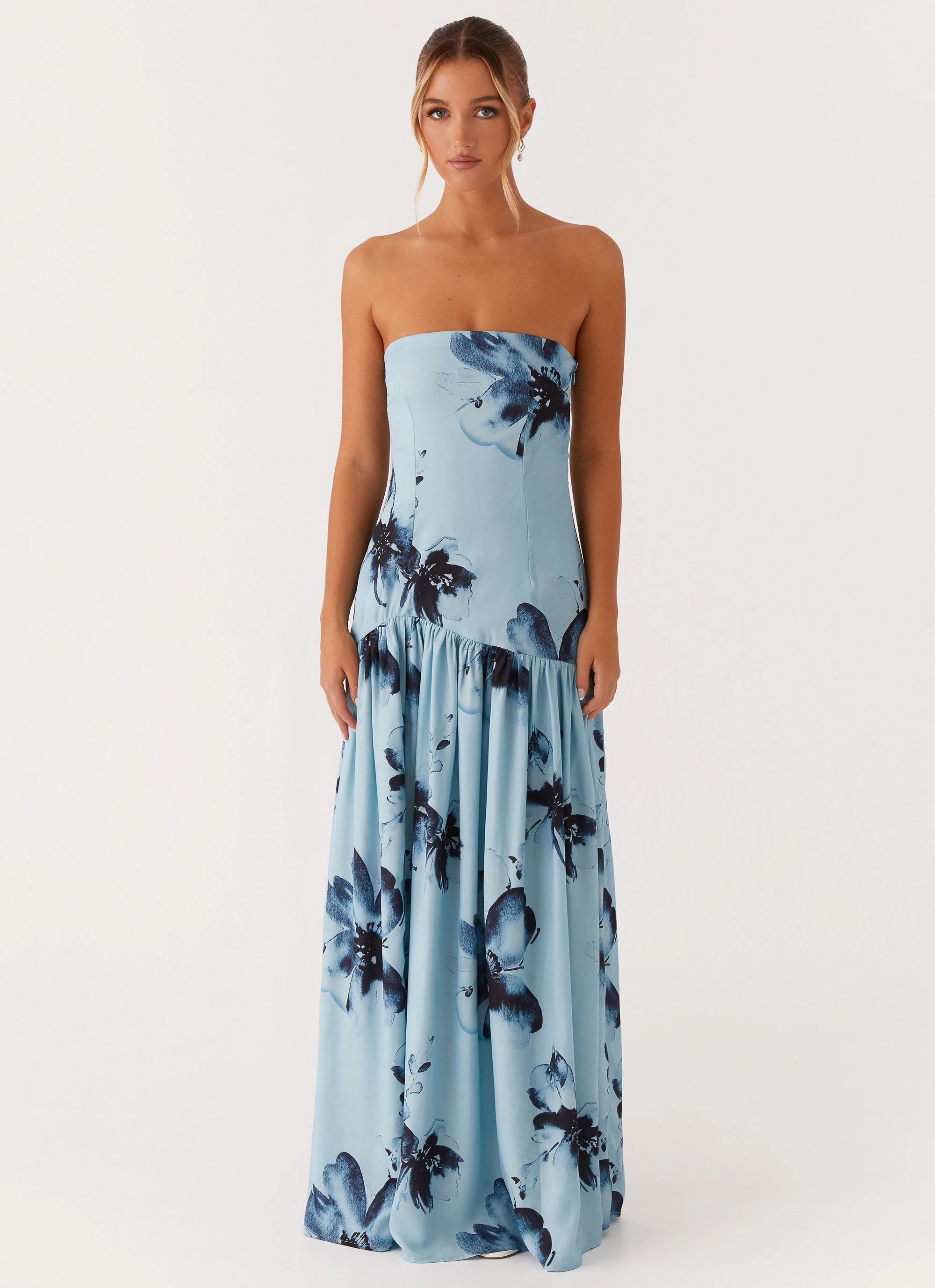 Natural Feel Easy Comfort Eden Strapless Maxi Dress - Blue Black Floral