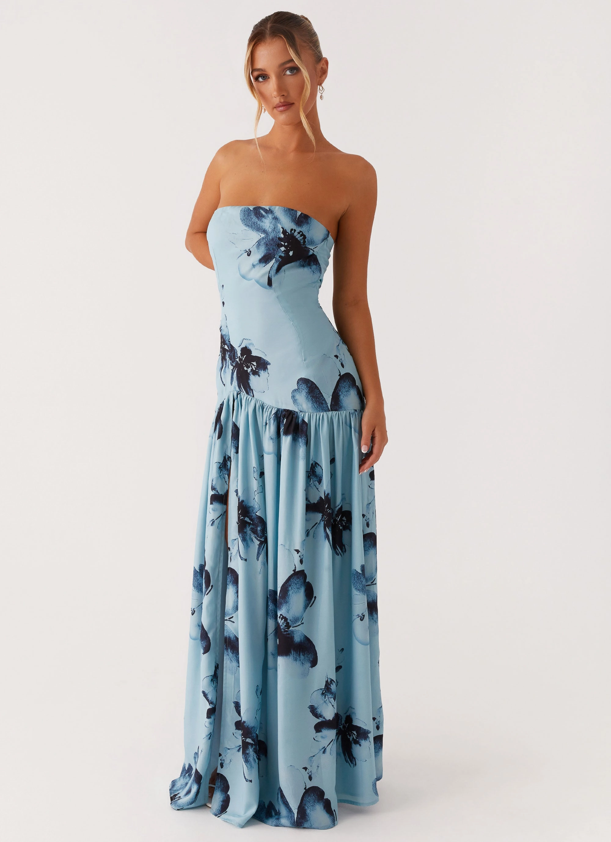 Subtle Lines Urban Aesthetic Eden Strapless Maxi Dress - Blue Black Floral