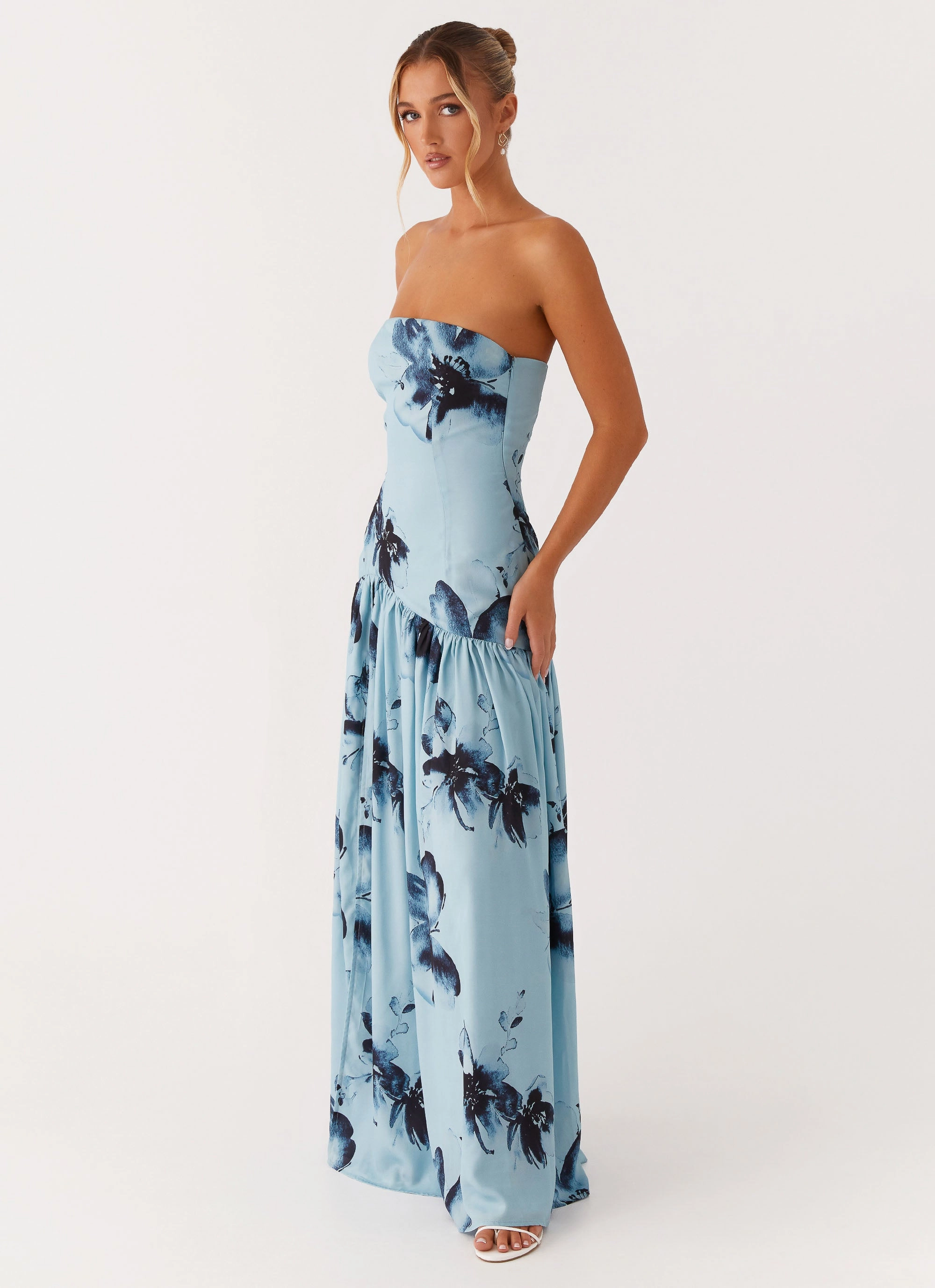 Cool Look Chilly Wear Eden Strapless Maxi Dress - Blue Black Floral