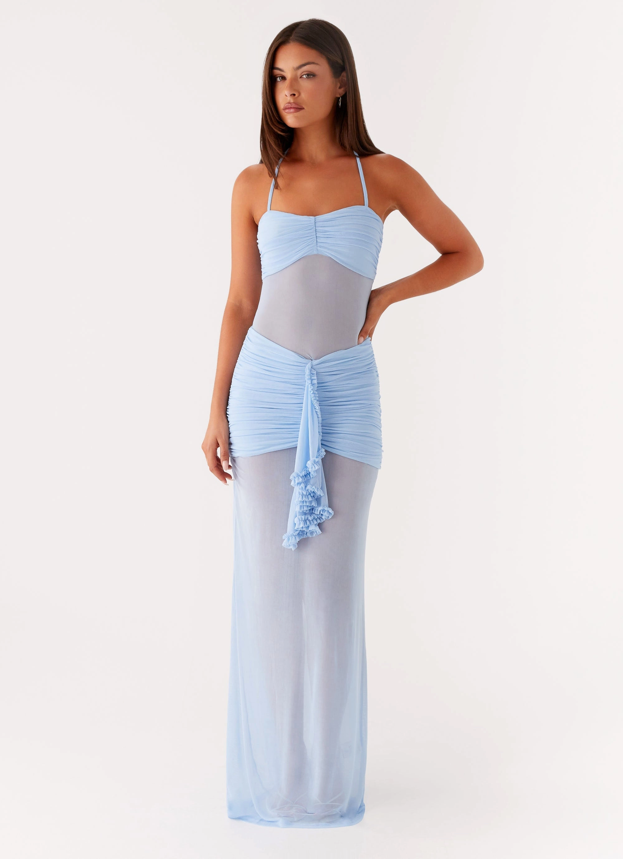 Lily Halter Maxi Dress - Blue Unique Cut Heart Glow