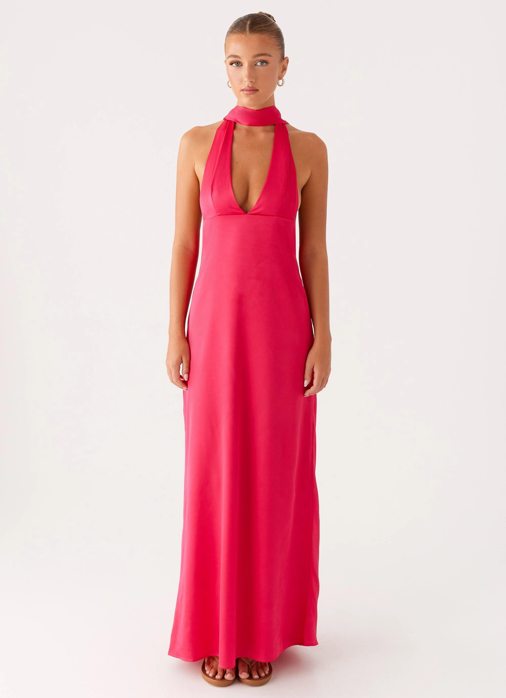 Photo Glow Polite Color Alicia Satin Halter Maxi Dress - Fuchsia