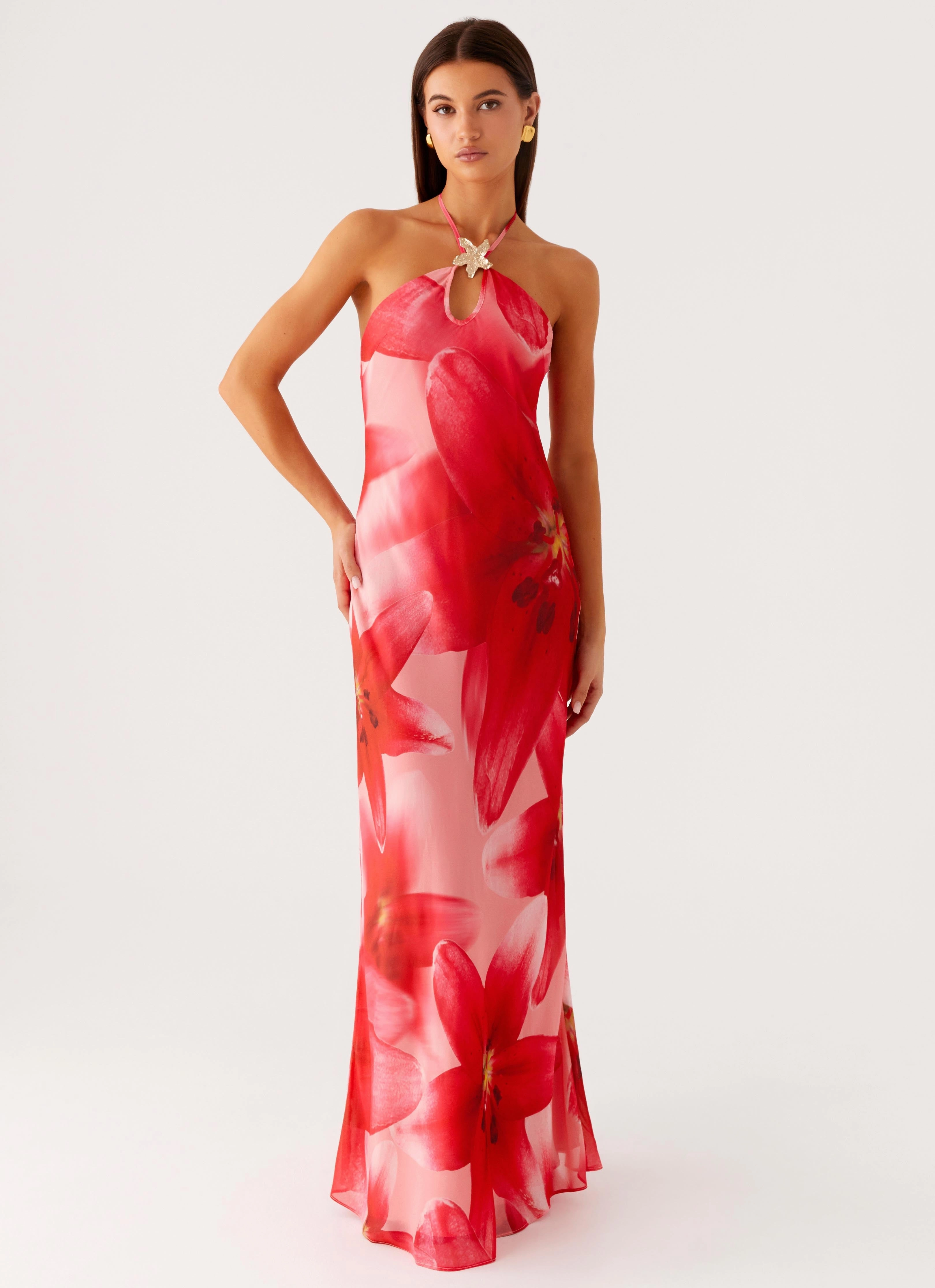All Time Vatiana Chiffon Maxi Dress - Peach Watermelon Flower