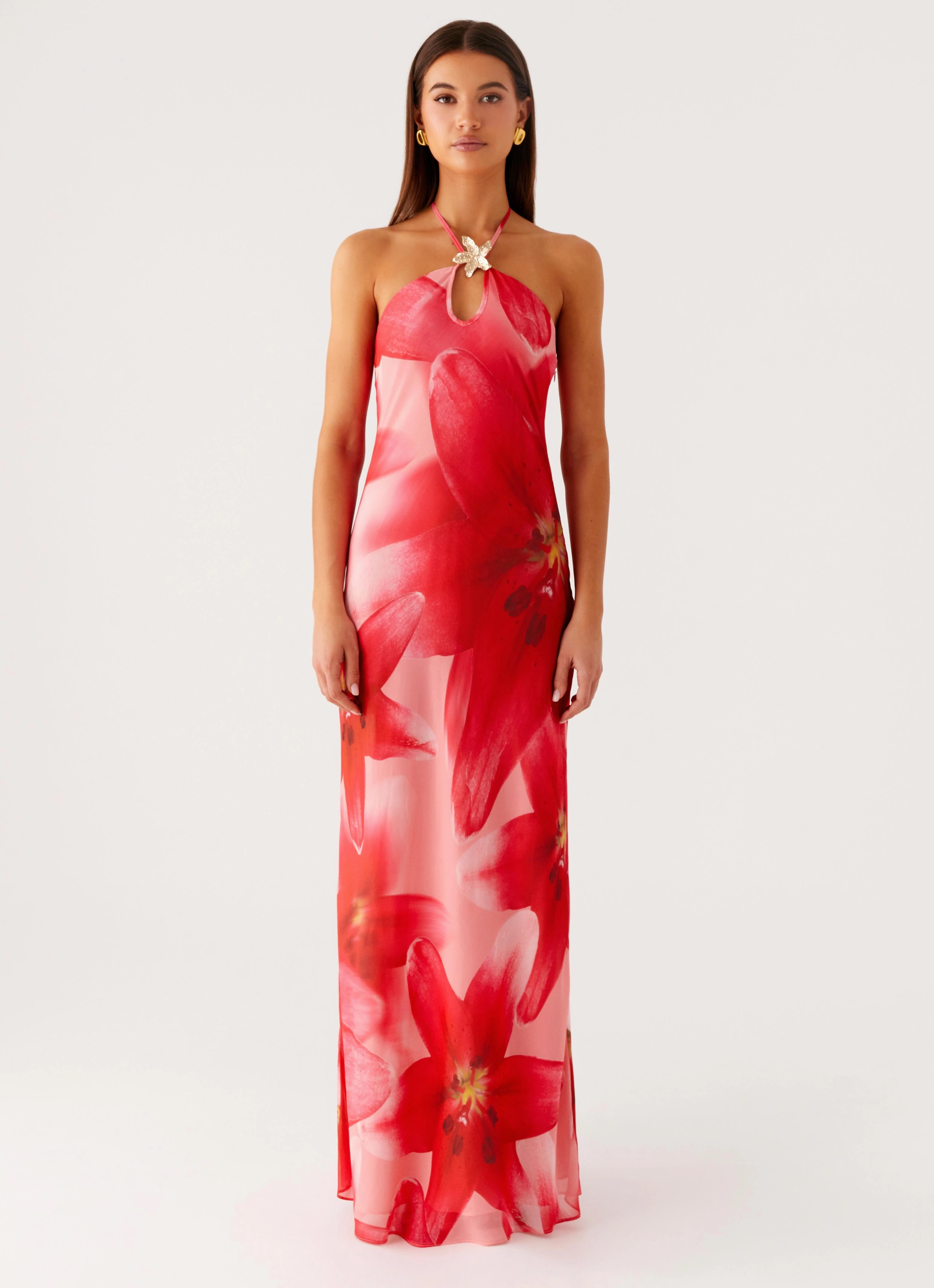 Tailored Mood Comfy Look Vatiana Chiffon Maxi Dress - Peach Watermelon Flower