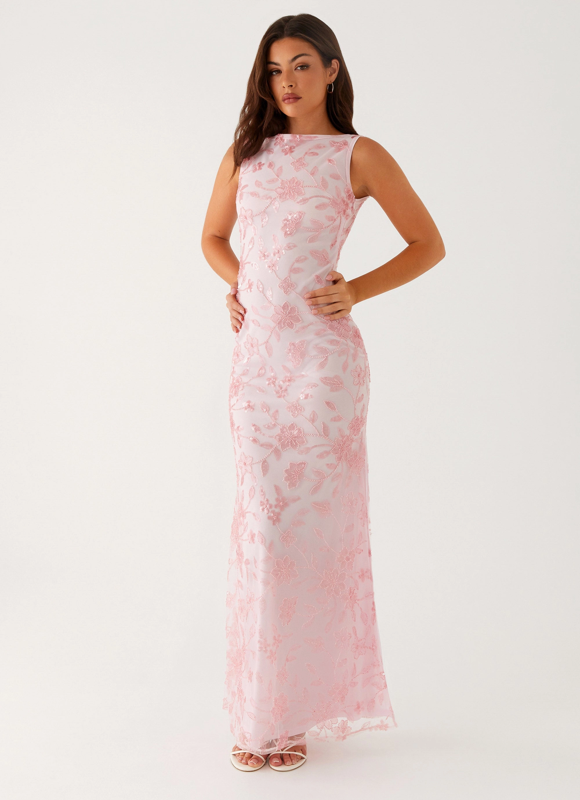 Embroidered Fabric Moorey High Neck Maxi Dress - Pink