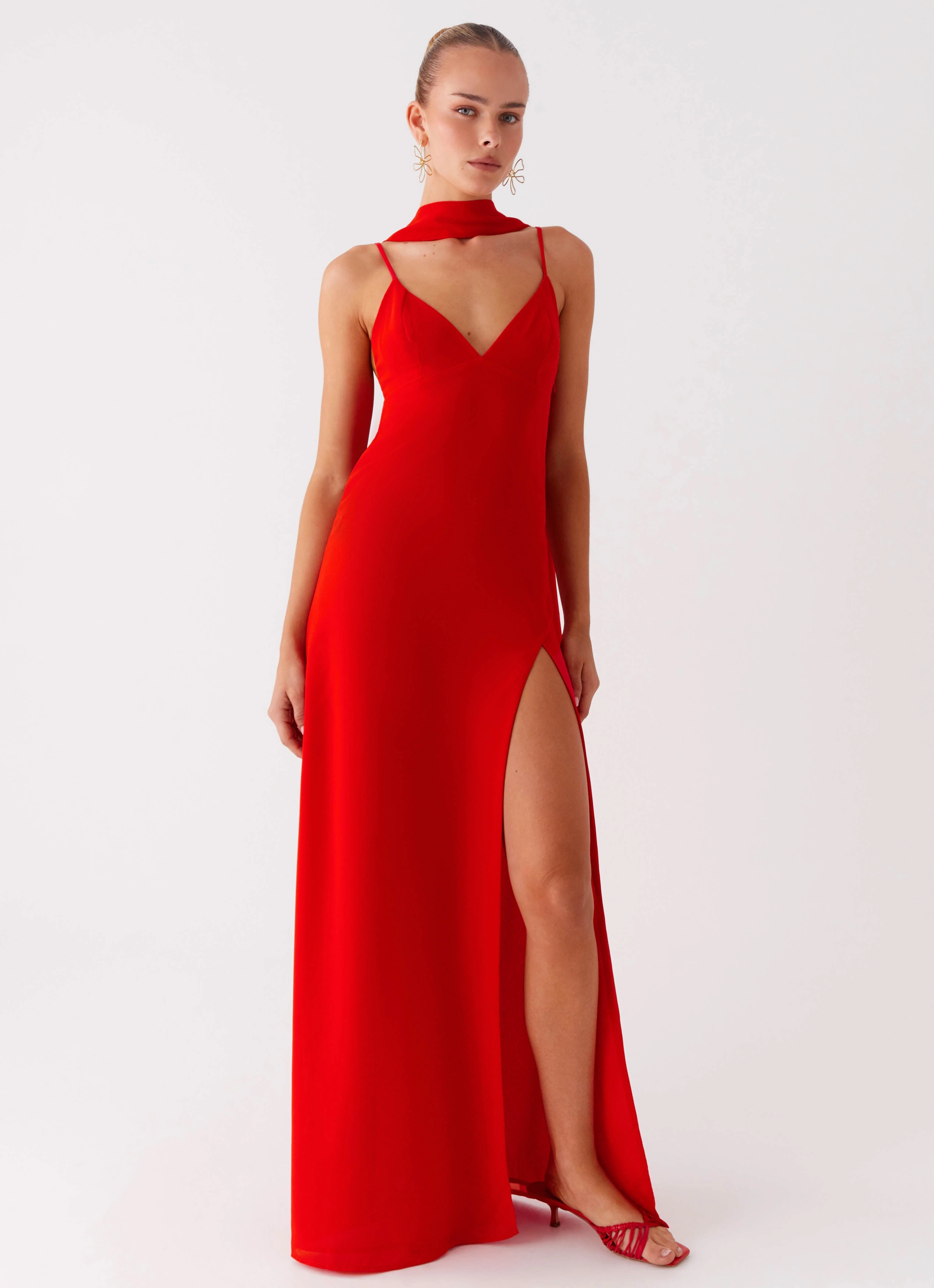 Soft Pleats Yorke Scarf Maxi Dress - Raspberry Red