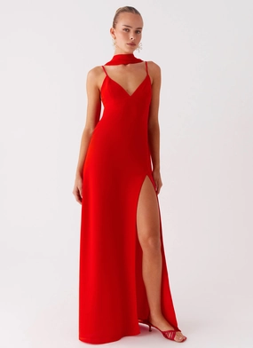 Soft Pleats Yorke Scarf Maxi Dress - Raspberry Red