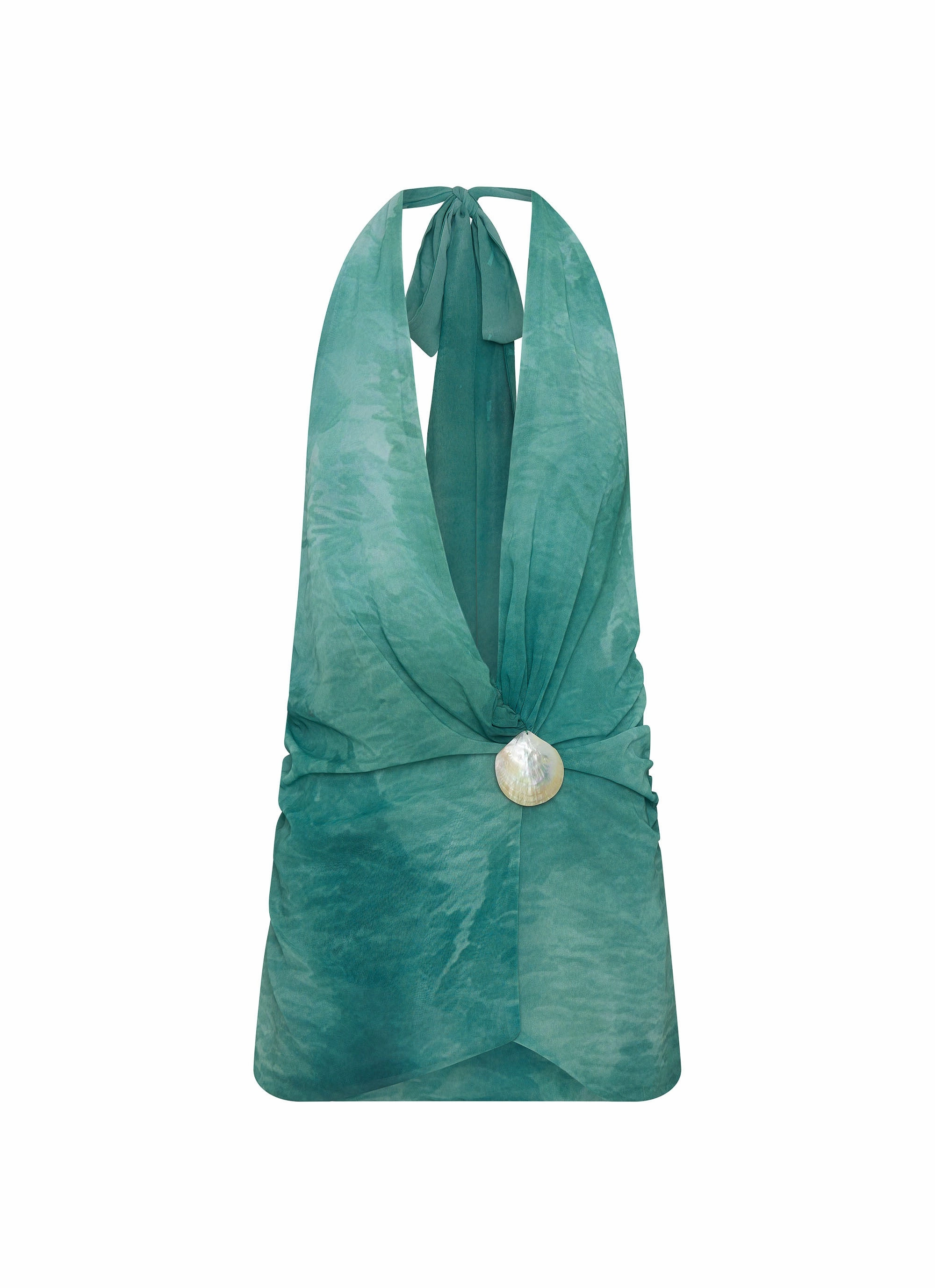 Mini-Length Flare Swing Eleanora Plunge Scarf Mini Dress - Green Tie Dye