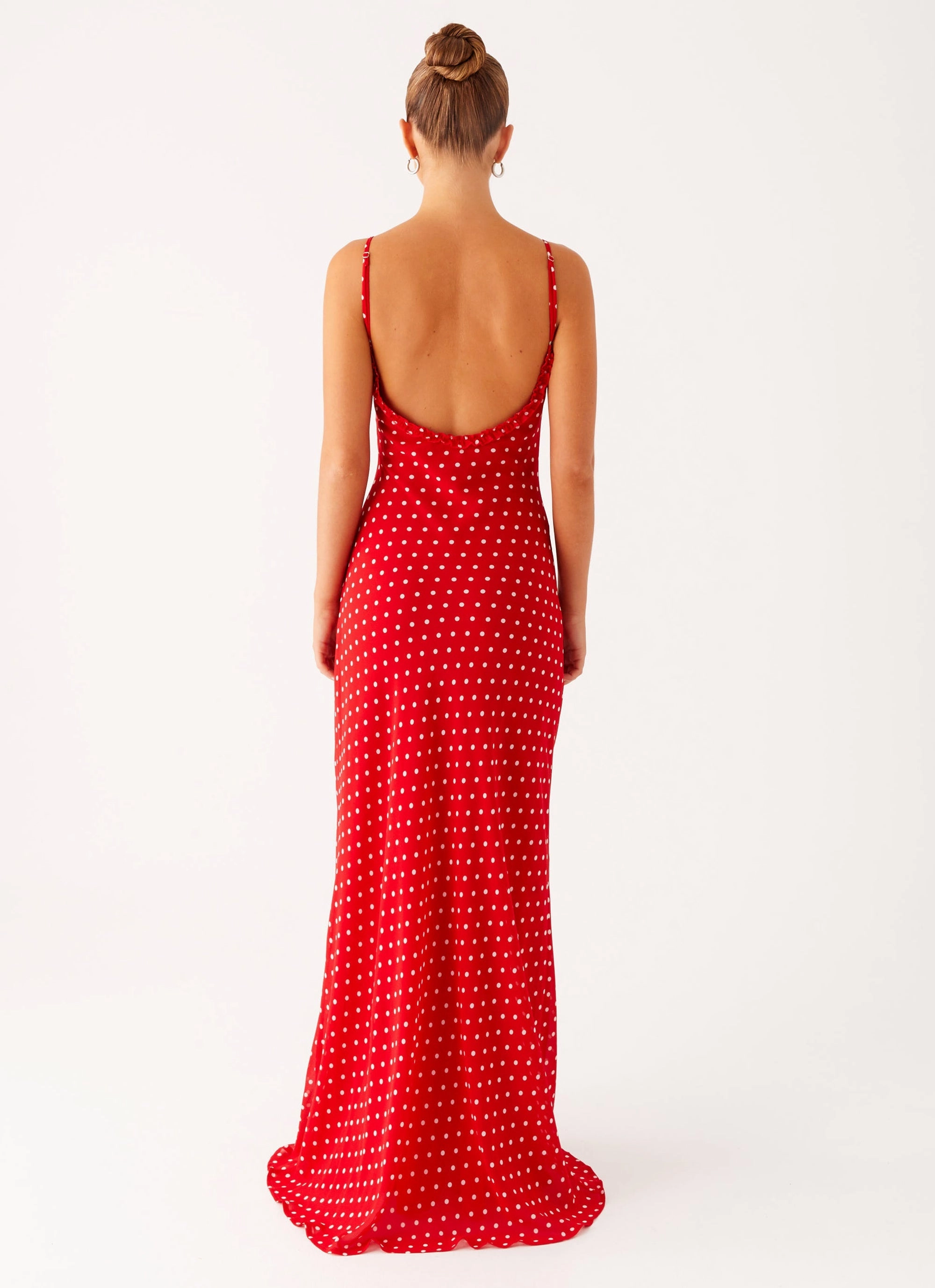 Frayed-Edge Formal Occasion Pareo Maxi Dress - Red Polka Dot