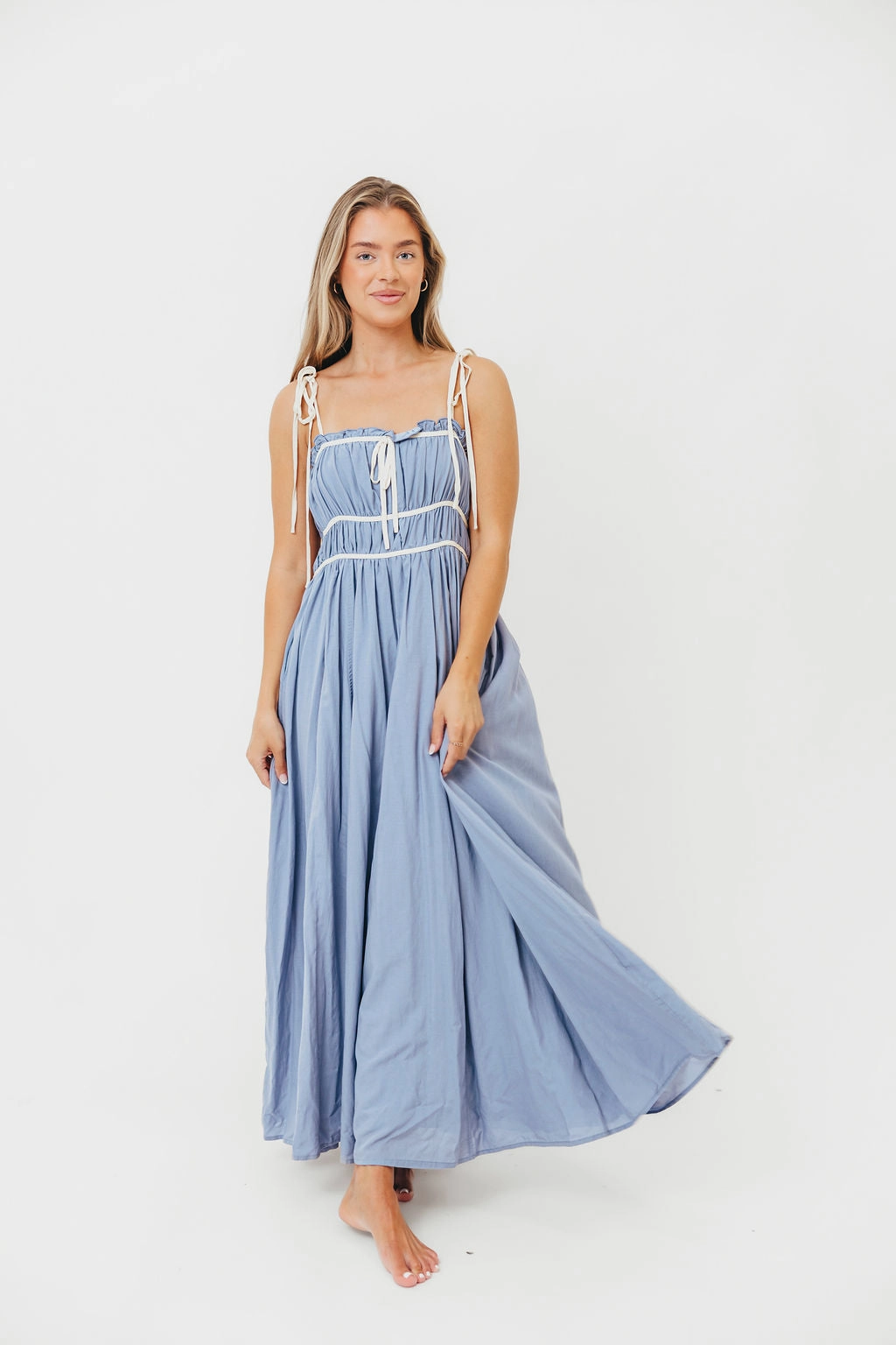 Refined Cut Beaded-Sleeve Hilsy Cotton Blend Contrast Trim Maxi Dress in Elemental Blue