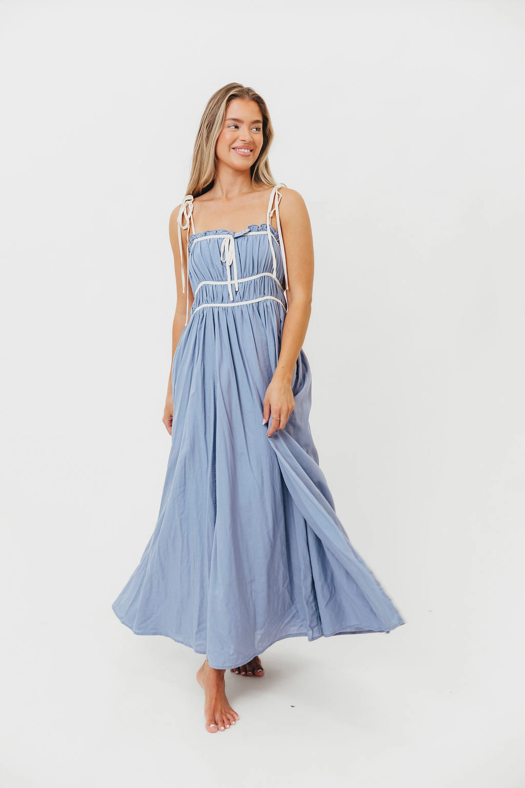 Tonal-Stitching Dressy Glow Hilsy Cotton Blend Contrast Trim Maxi Dress in Elemental Blue