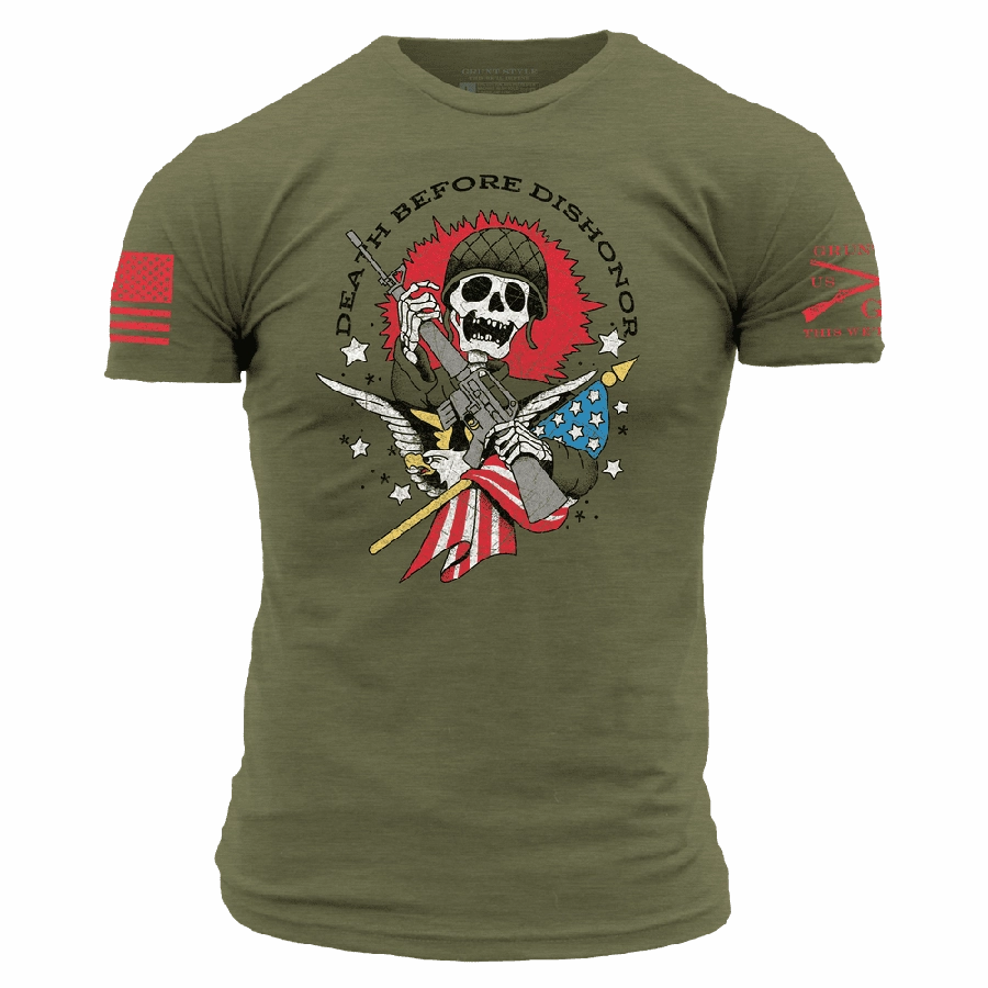 Easy Care Soft Touch Texture Death Before Dishonor T-Shirt - Military Green