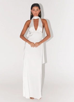 Alicia Satin Halter Maxi Dress - White Polished Layer Satin Finish