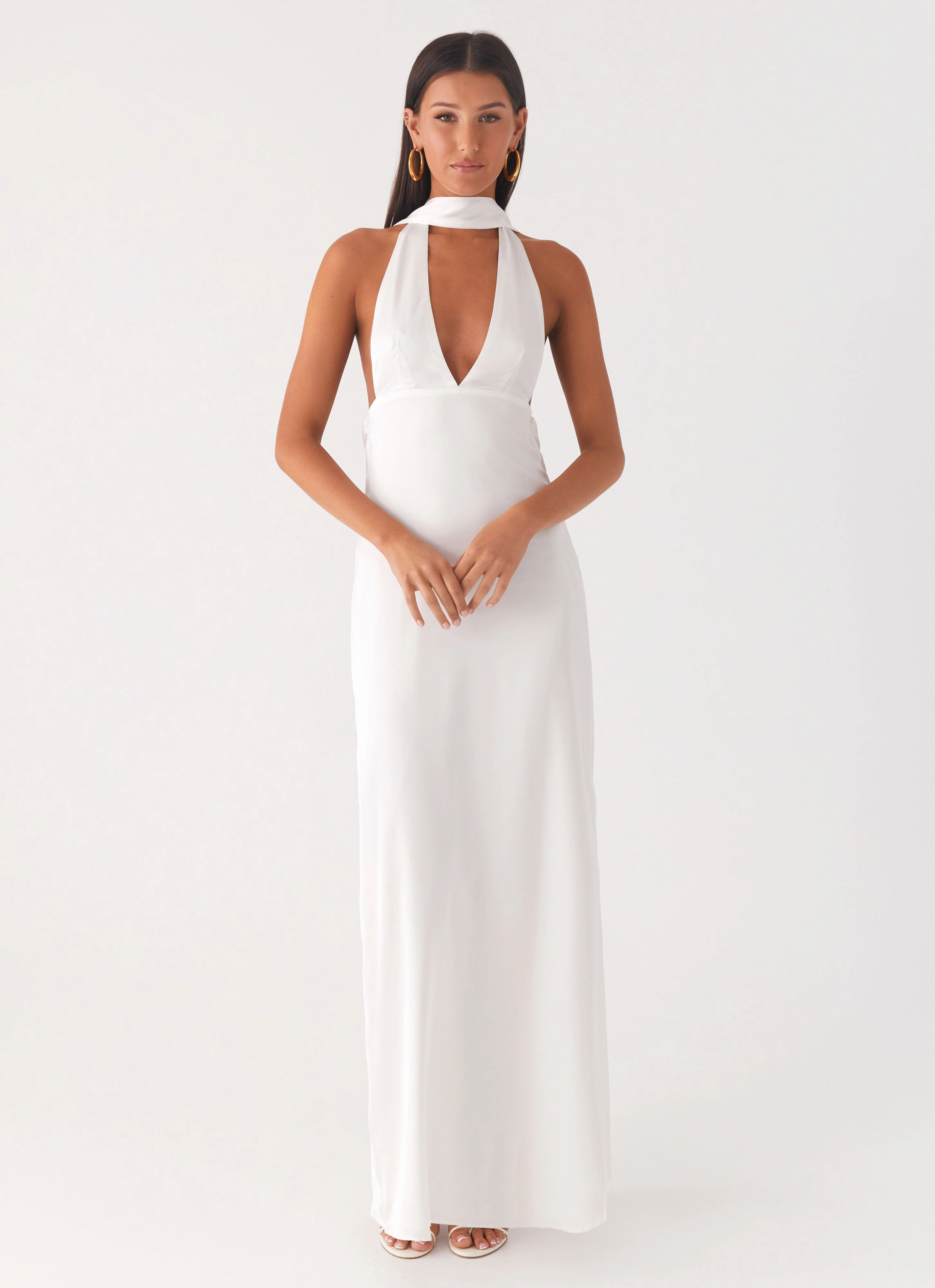 Alicia Satin Halter Maxi Dress - White Street Mood
