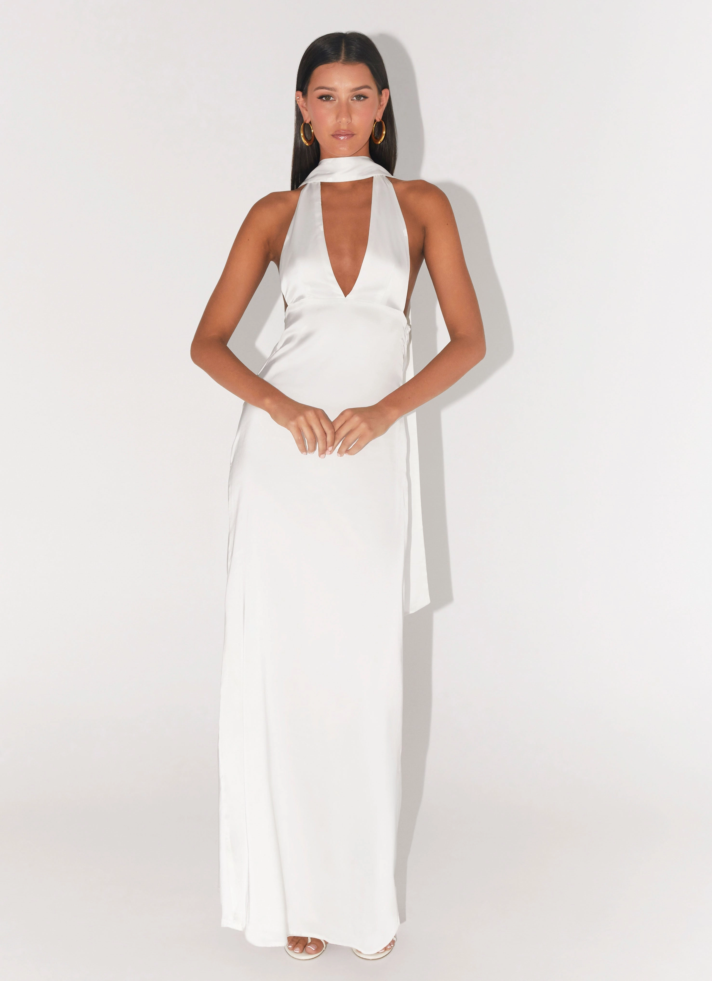 Alicia Satin Halter Maxi Dress - White Polished Layer Satin Finish