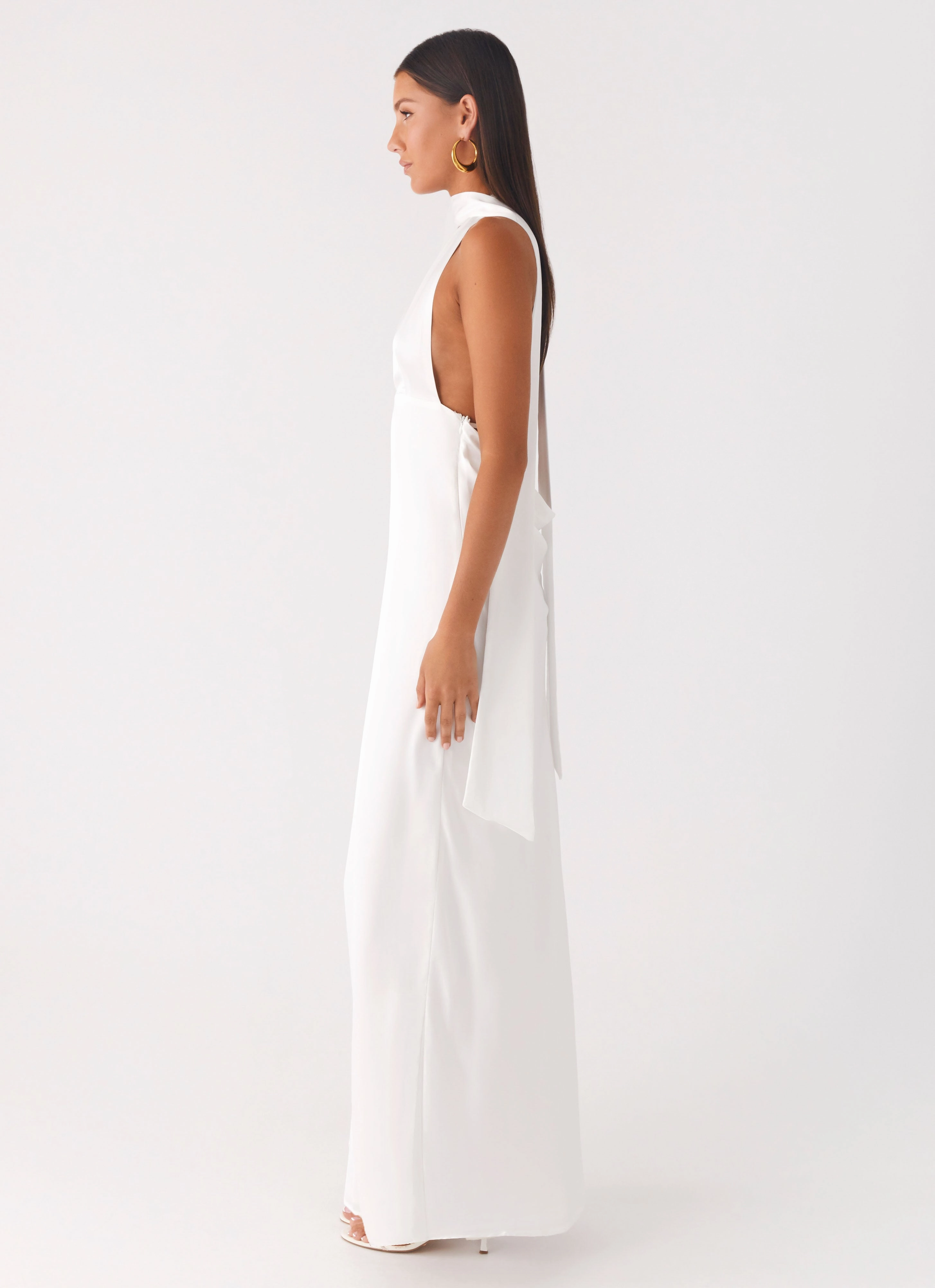 Alicia Satin Halter Maxi Dress - White AdjustableStraps Effortless Comfort