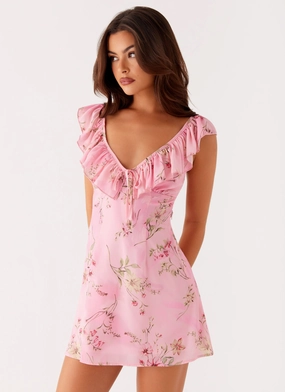 Adrina Ruffle Mini Dress - Pink Floral Print Shirred-Detail