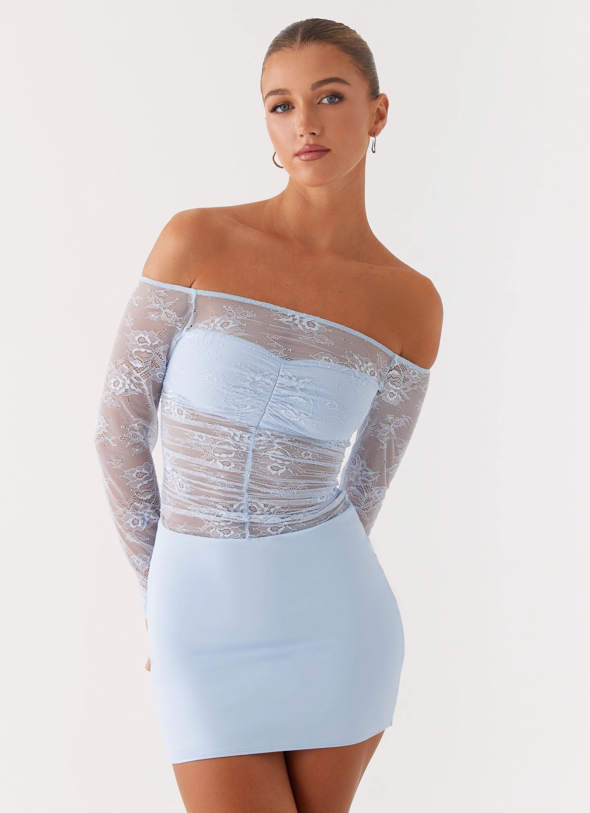 Feminine fit-and-flare silhouette Collide Lace Mini Dress - Blue