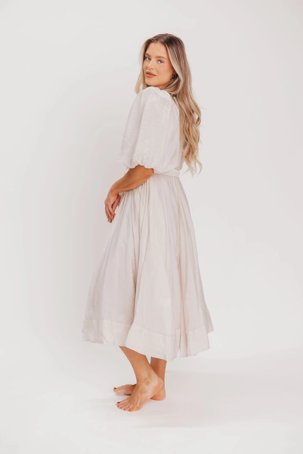 Comfortable and Soft Courtney Puffed Sleeve Midi Dress with Belt in Natural