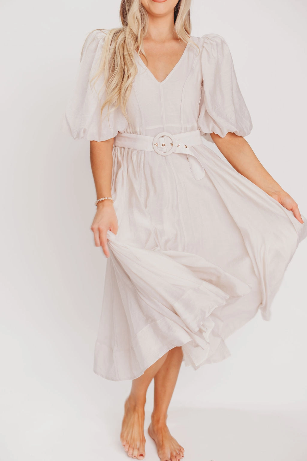Courtney Puffed Sleeve Midi Dress with Belt in Natural Collar Accent