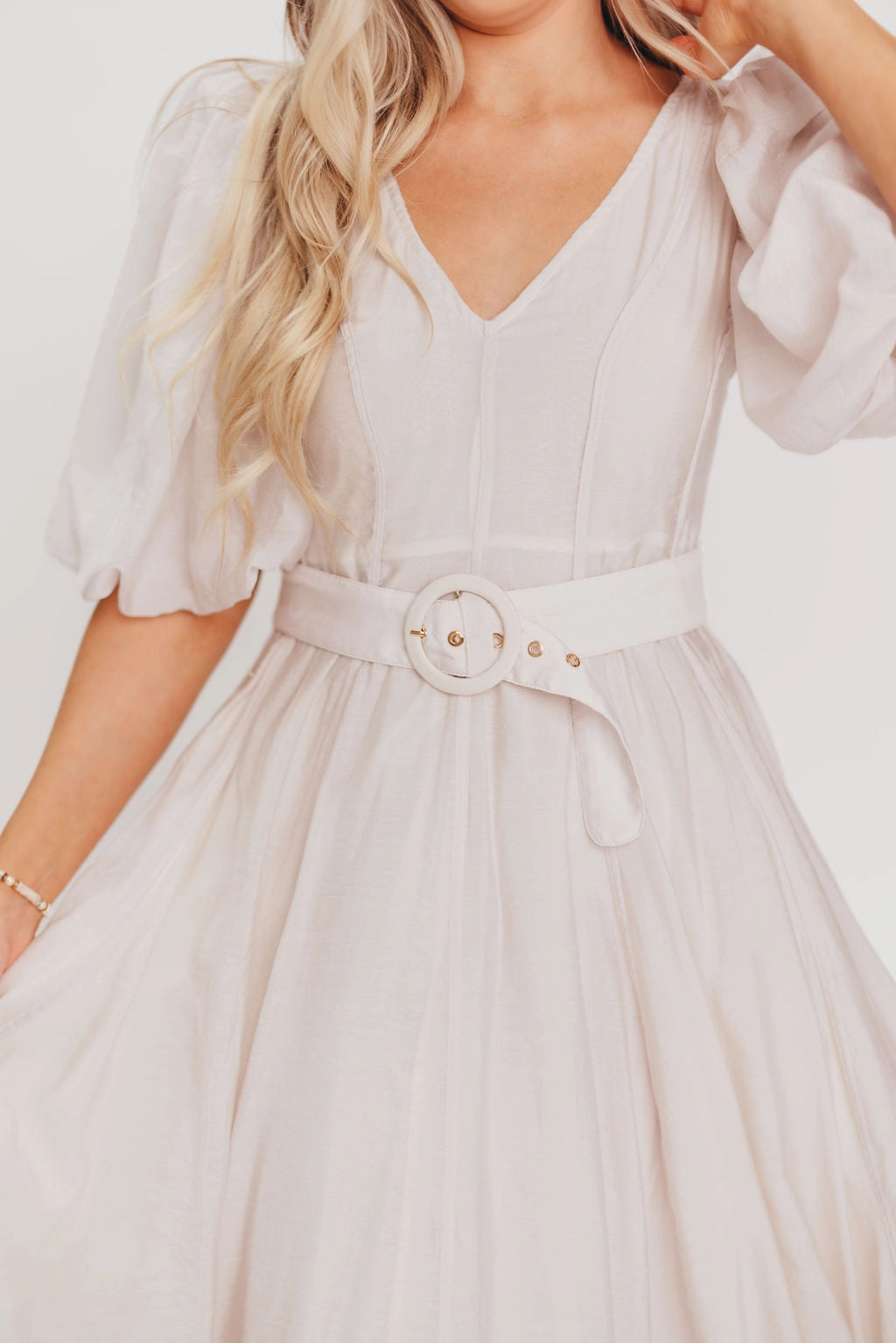 Courtney Puffed Sleeve Midi Dress with Belt in Natural Front-Slit Global Style