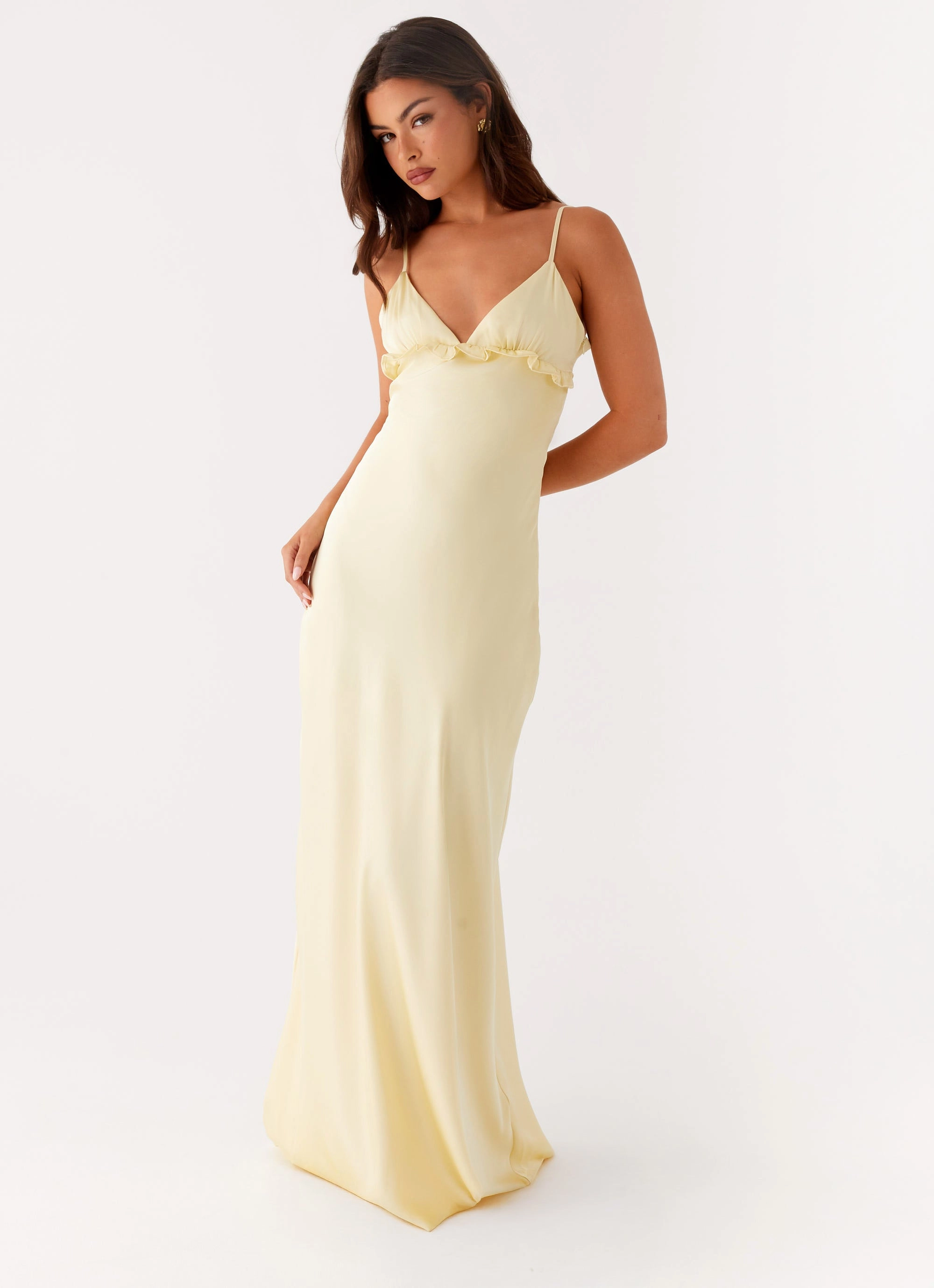 Floral-Pattern Mesh-Sleeve Elona Maxi Dress - Baby Yellow
