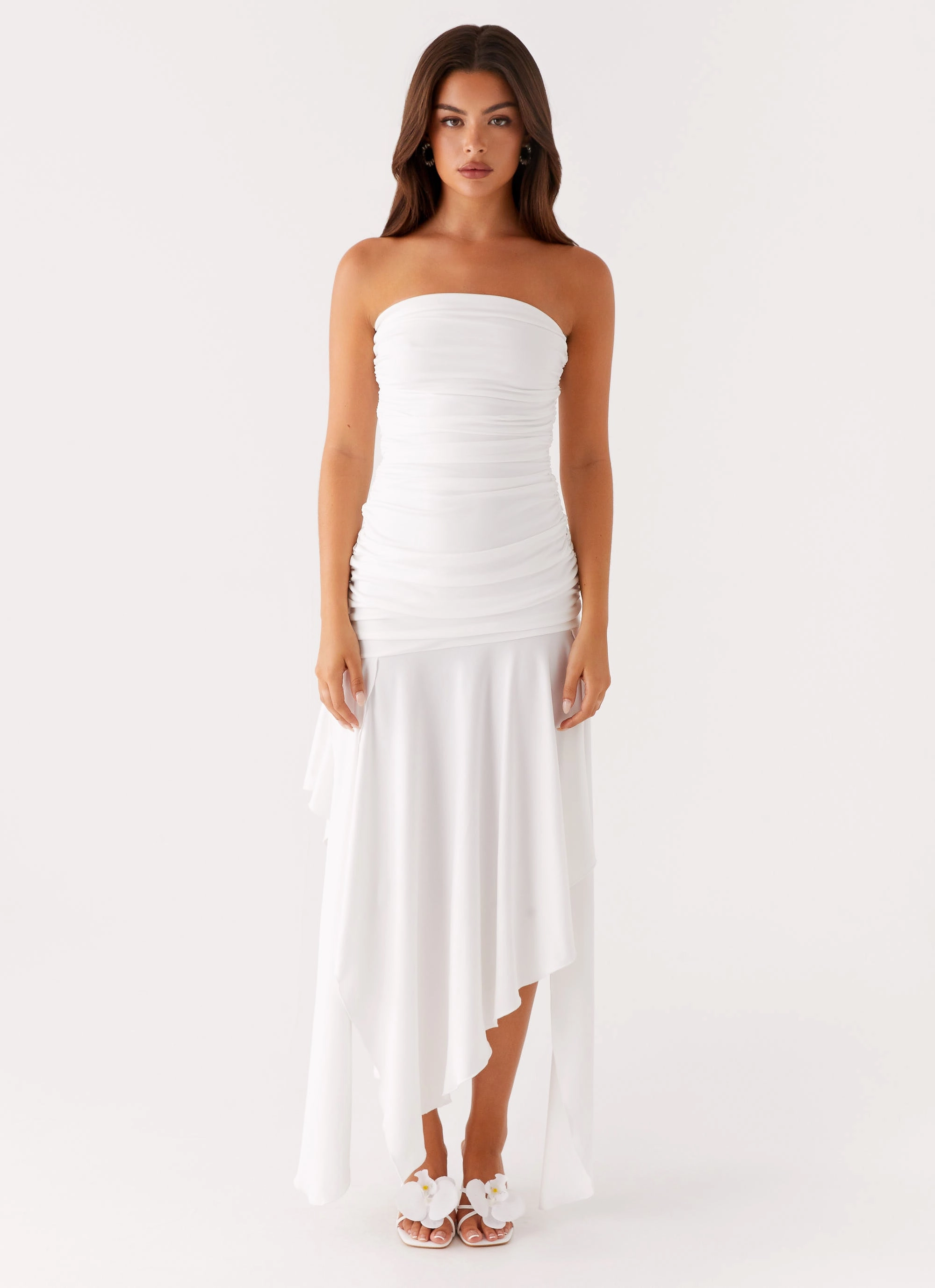 Chilly Weather Comfort Natural Drape Ora Strapless Maxi Dress - White