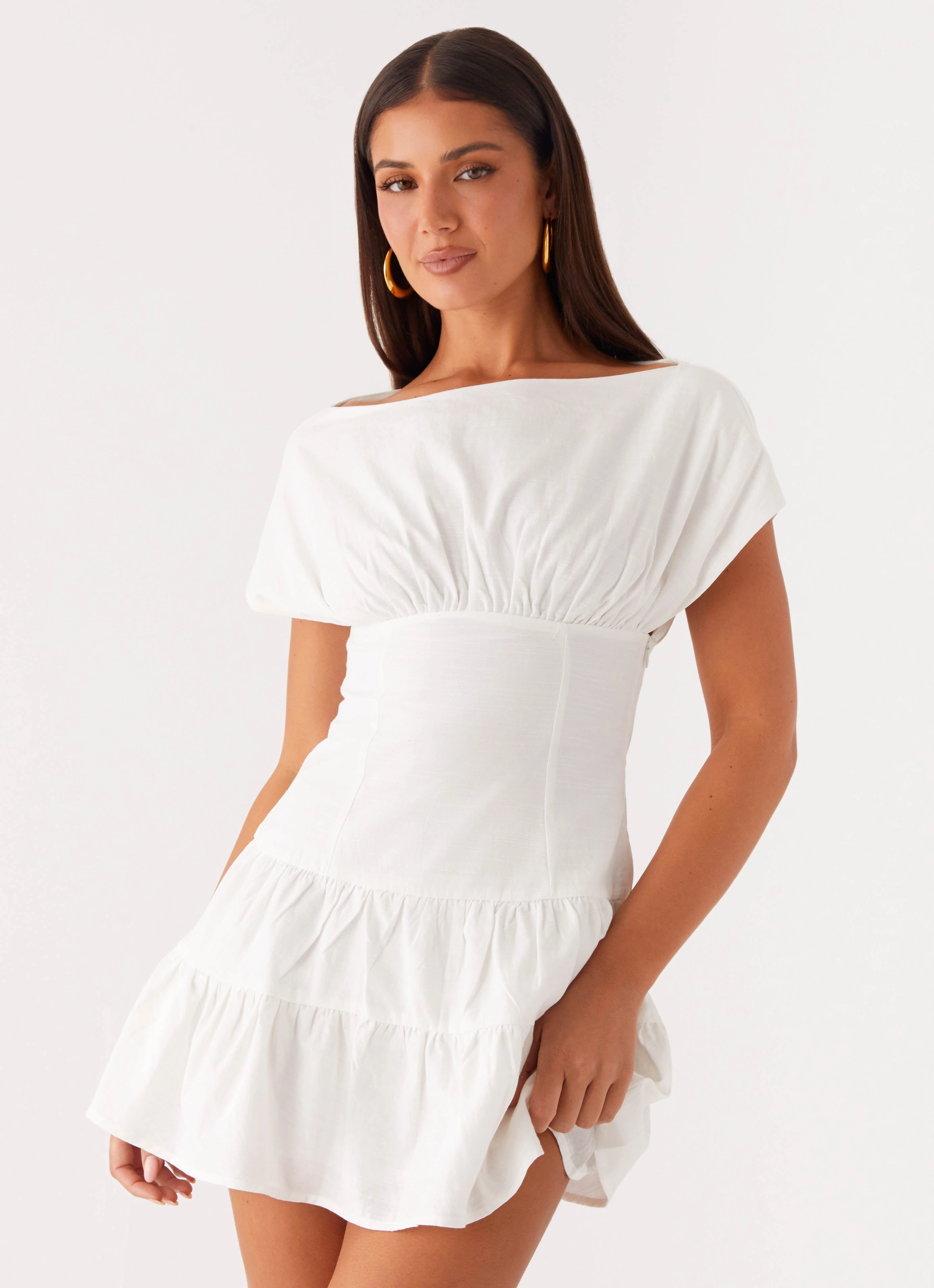 Ember Haze Boat Neck Mini Dress - Off White Fashion Look Mid Fit