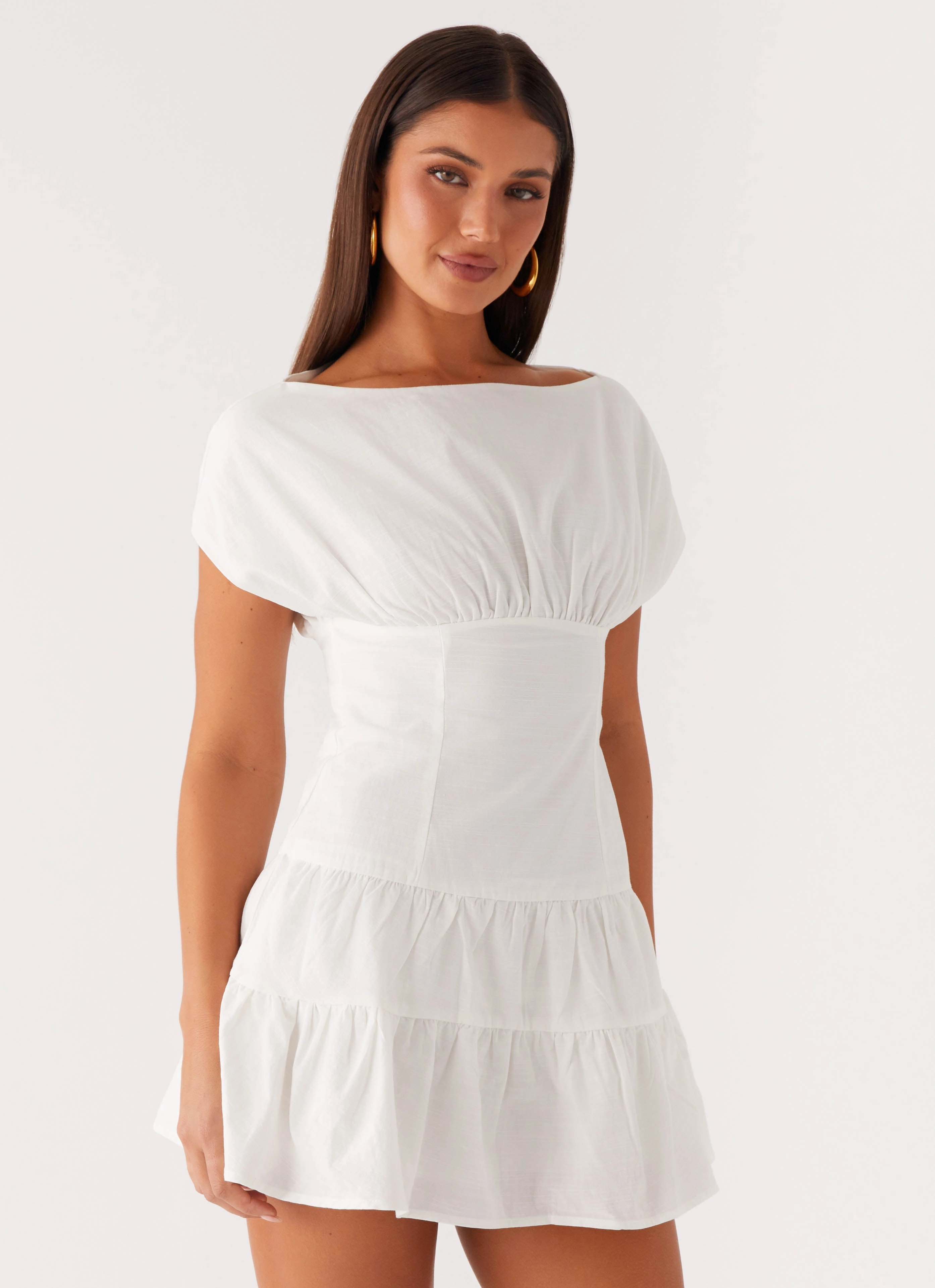 Chic Statement Ribbed-Texture Ember Haze Boat Neck Mini Dress - Off White