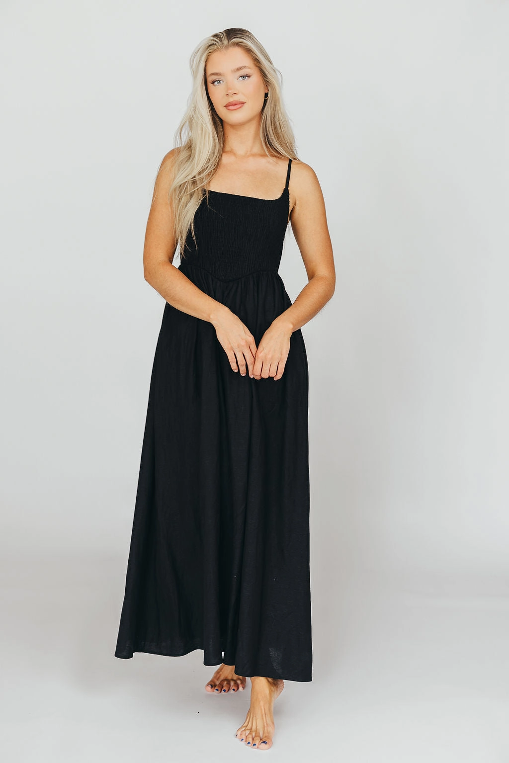 Relax Fit Casual and Comfy Josefina Smocked Maxi Dress in Black - Bump Friendly