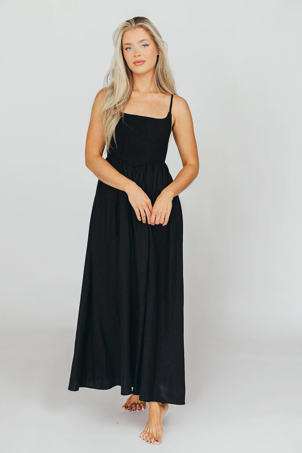 Soft Volume Comfortable and Flattering Josefina Smocked Maxi Dress in Black - Bump Friendly