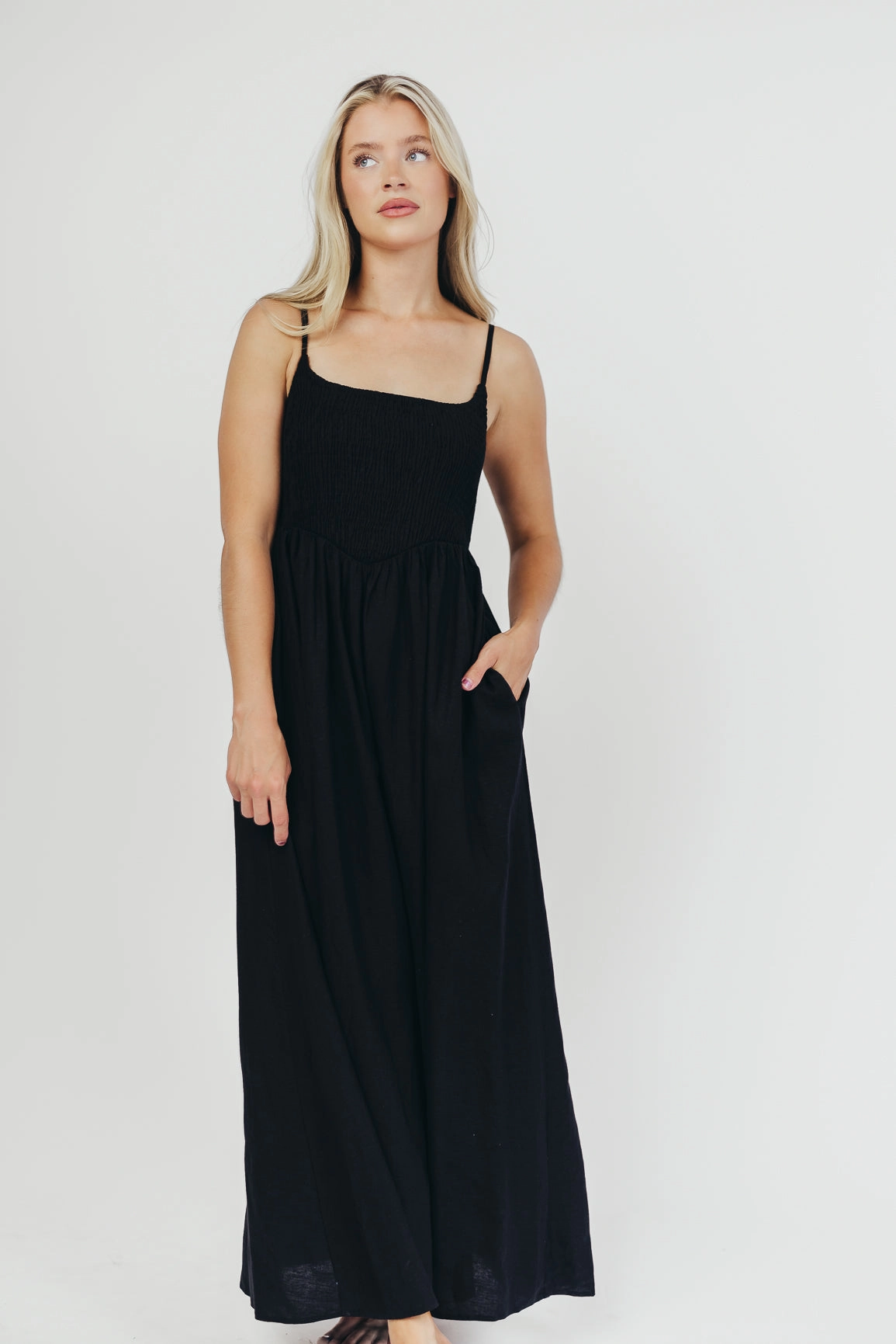 Soft Profile Shine Moment Josefina Smocked Maxi Dress in Black - Bump Friendly