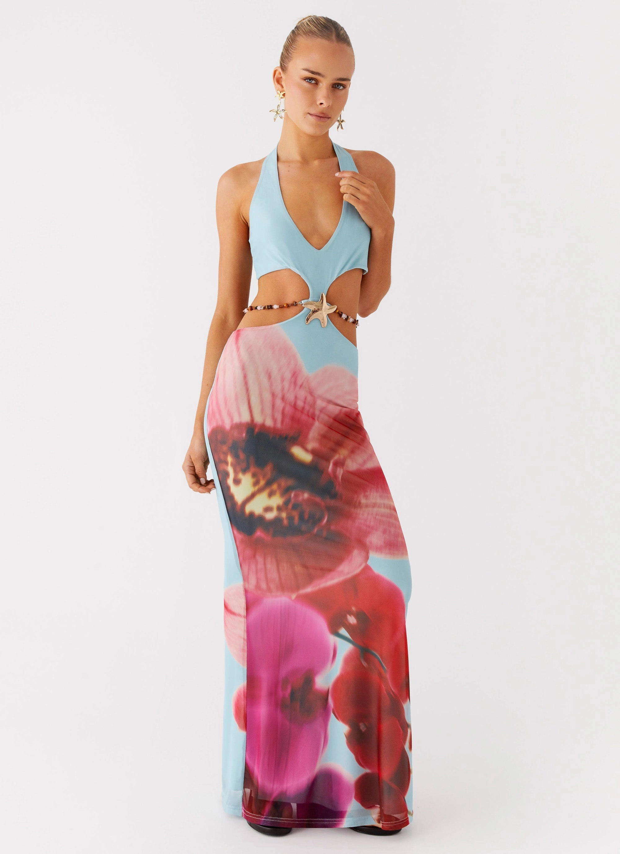Cool Structure Front-Slit Time To Dance Maxi Dress - Turquoise Bloom