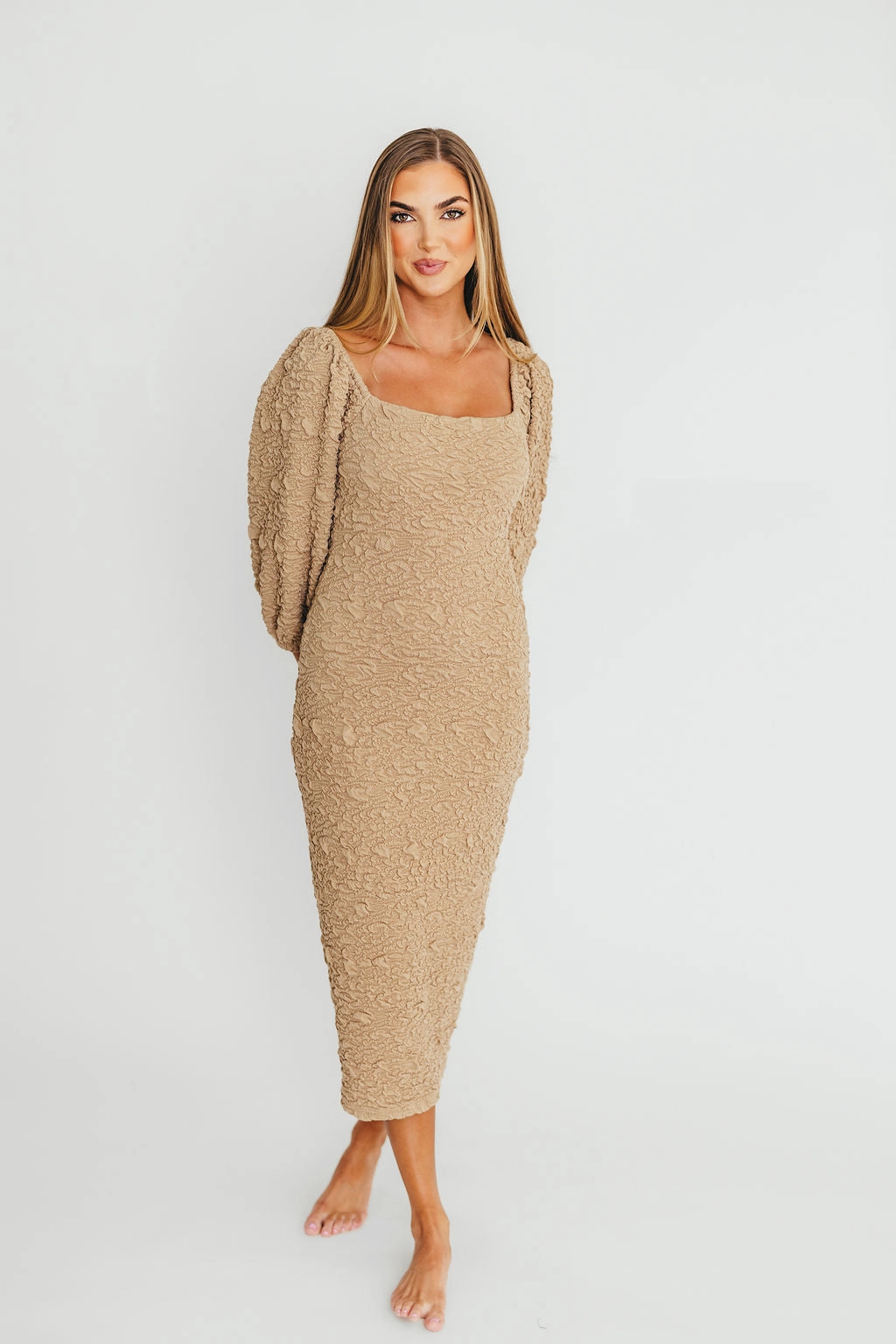 Petite friendly Bell-Sleeve Darcy Square Neck Midi Dress in Taupe *Final-Sale*