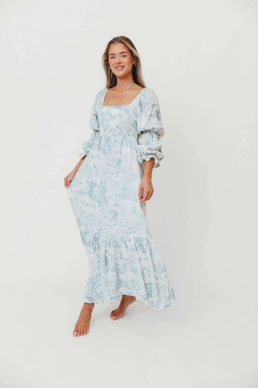 Emerson 100% Cotton Smocked Maxi Dress with Long Sleeves in Blue Toile - Bump Friendly Wrap style