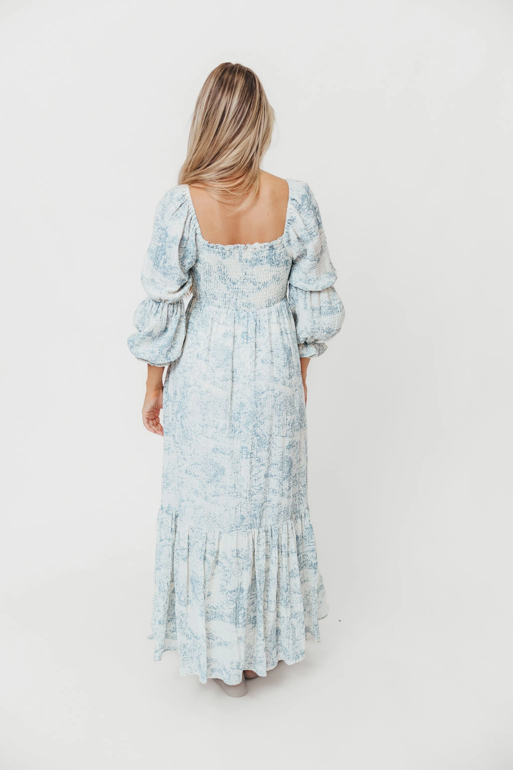 Emerson 100% Cotton Smocked Maxi Dress with Long Sleeves in Blue Toile - Bump Friendly Collar Accent