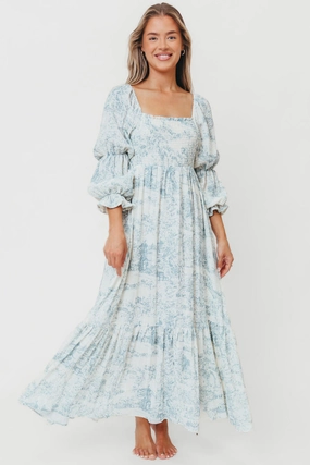 Emerson 100% Cotton Smocked Maxi Dress with Long Sleeves in Blue Toile - Bump Friendly Clean Mood Luxe Appeal