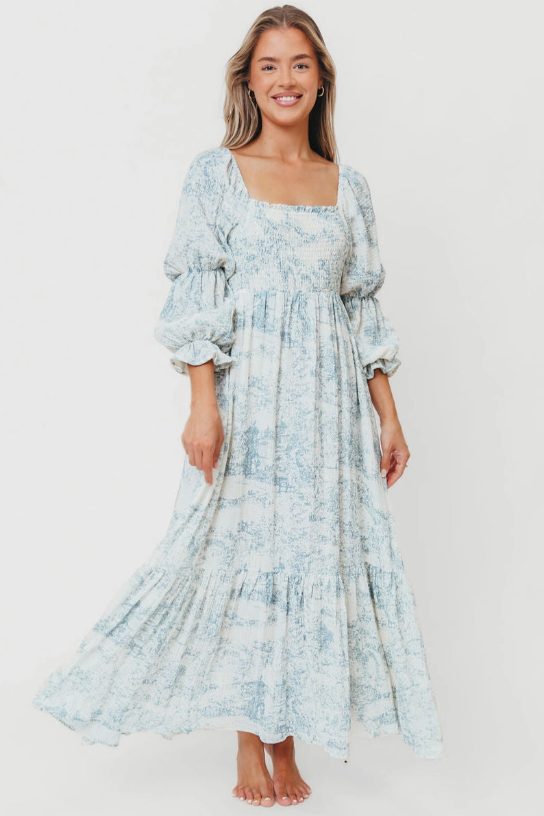 Emerson 100% Cotton Smocked Maxi Dress with Long Sleeves in Blue Toile - Bump Friendly Clean Mood Luxe Appeal