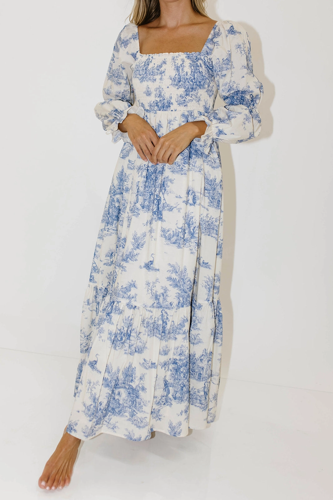 Recycled-Material Emerson 100% Cotton Smocked Maxi Dress with Long Sleeves in Scenic Blue - Bump Friendly & Inclusive Sizing