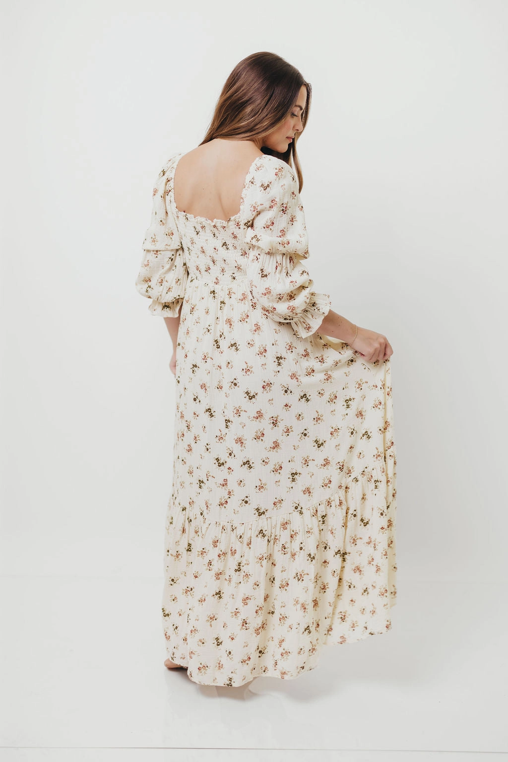 Emerson Maxi Dress with Long Sleeves in Ivory Silky-Lining Flare Hem