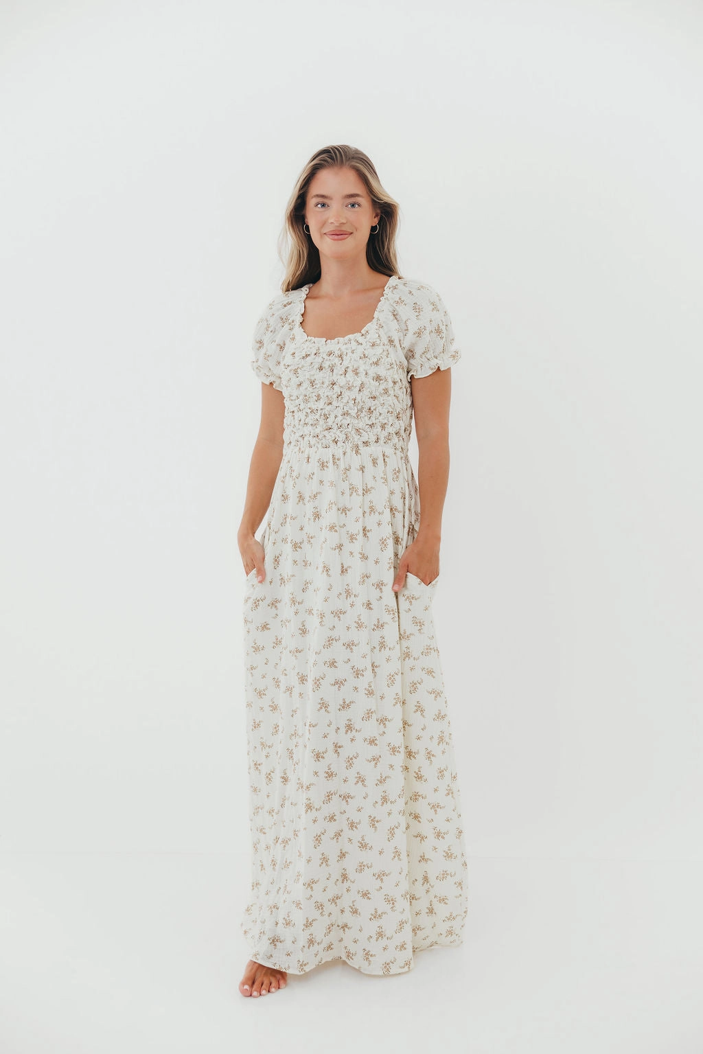 Casual Layers Eco Friendly Emilia 100% Cotton Smocked Maxi Dress in Cream - Bump Friendly