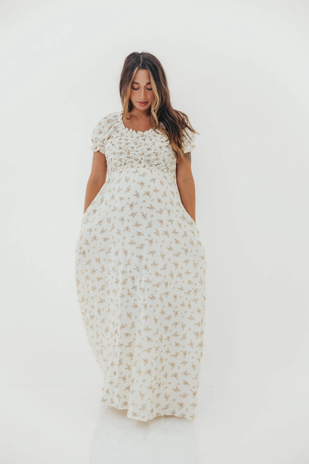 Cozy And Stylish Fresh Fit Emilia 100% Cotton Smocked Maxi Dress in Cream - Bump Friendly